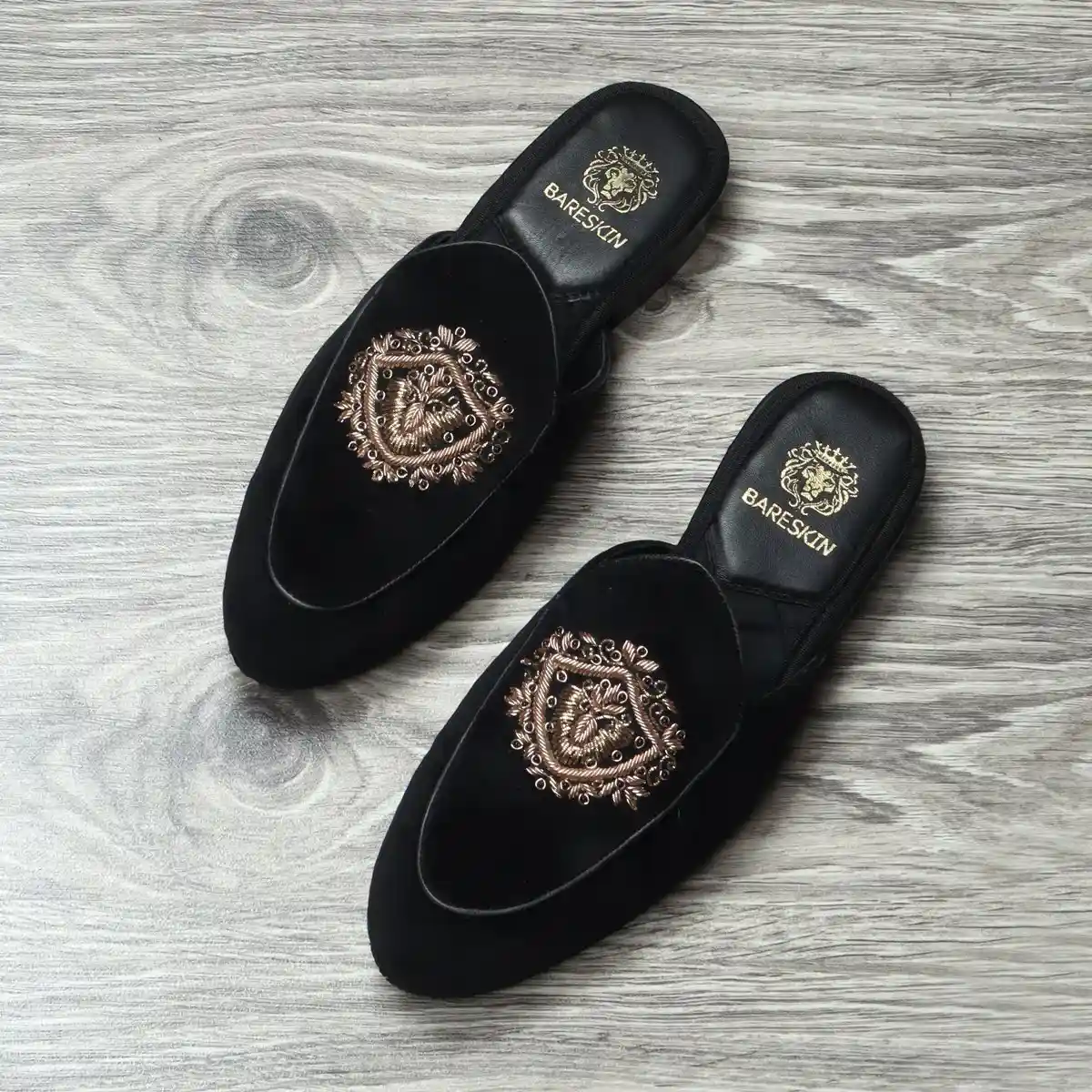 Women Black Italian Mule with Golden Zardosi