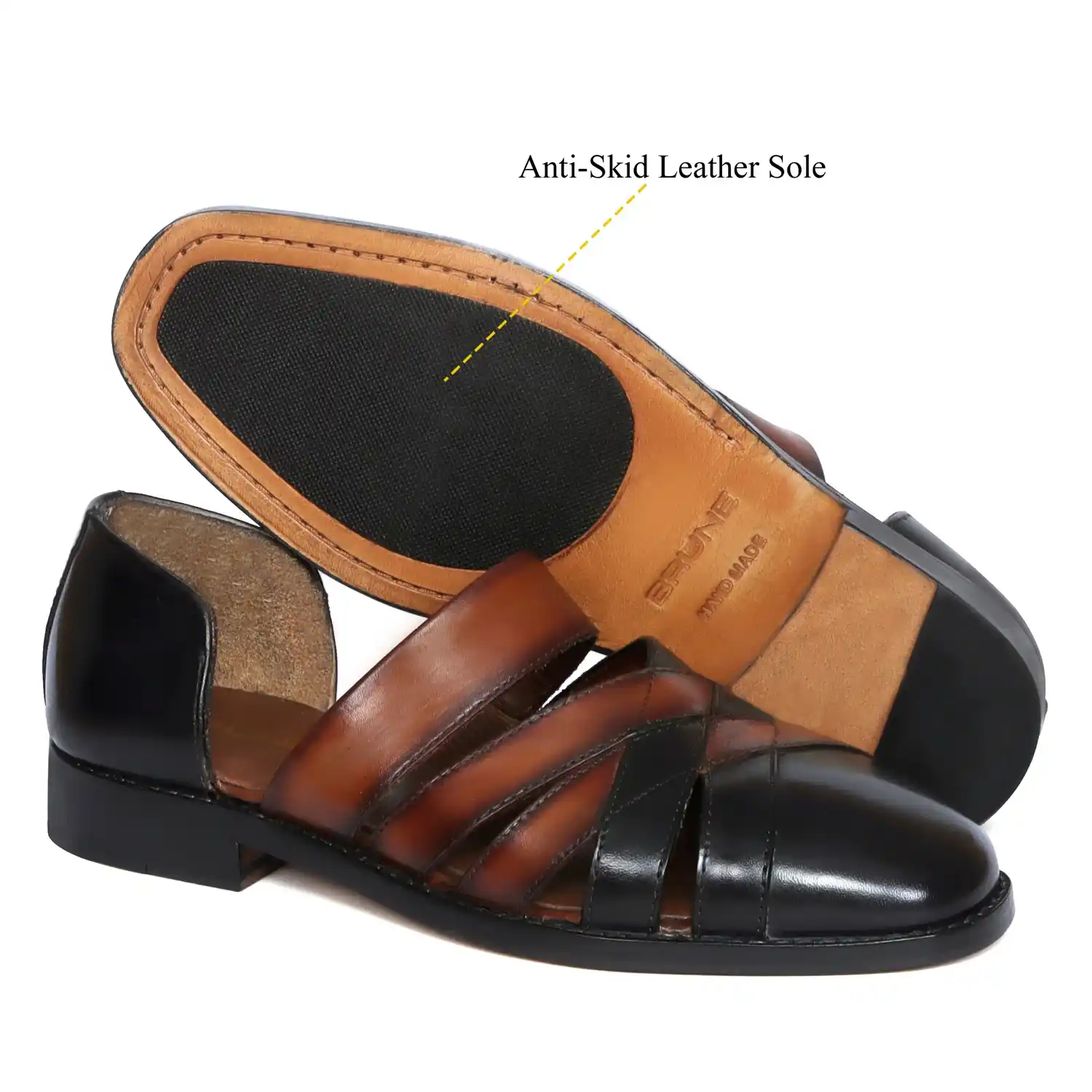 Men Black & Tan Leather Ethnic Peshawari Sandals