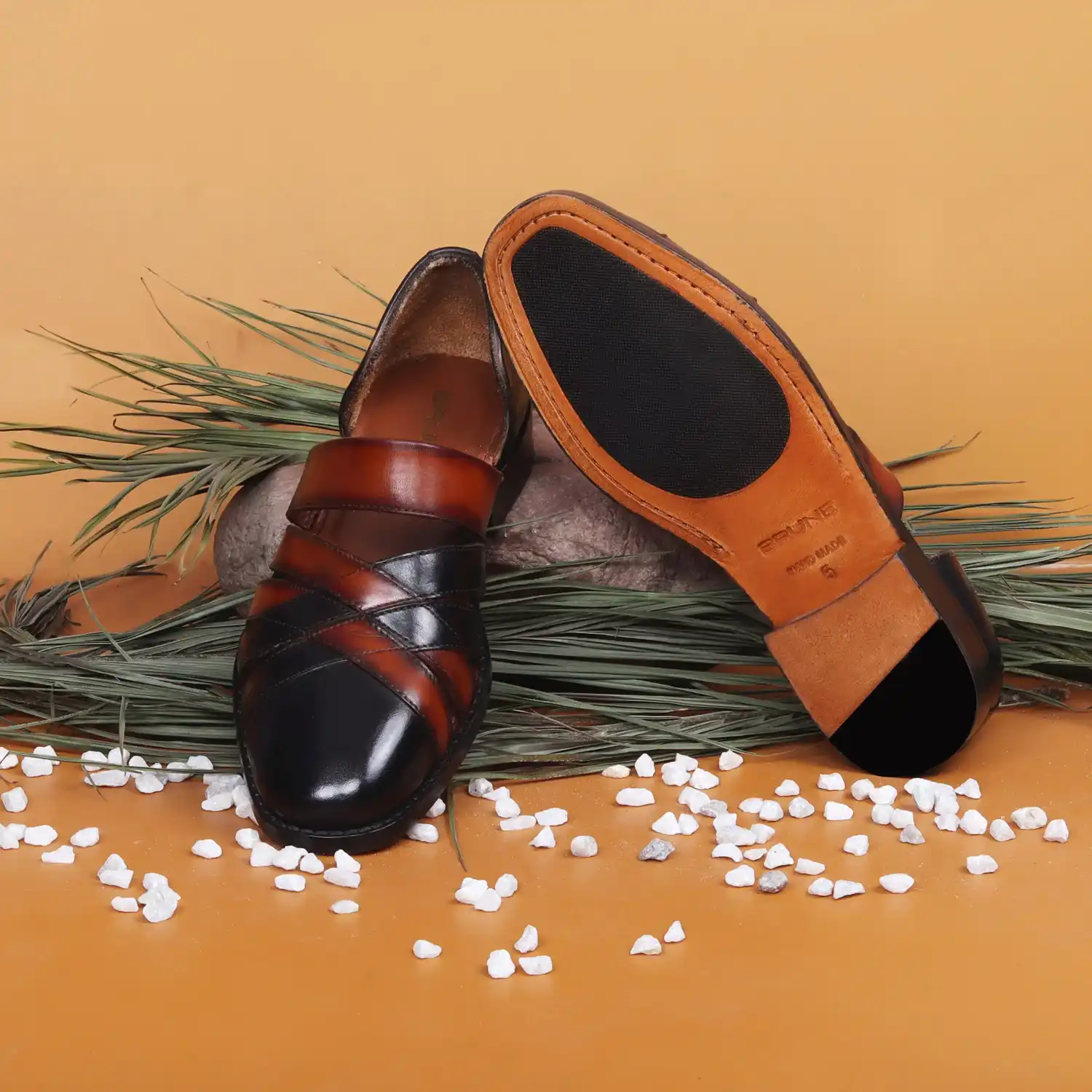 Men Black & Tan Leather Ethnic Peshawari Sandals