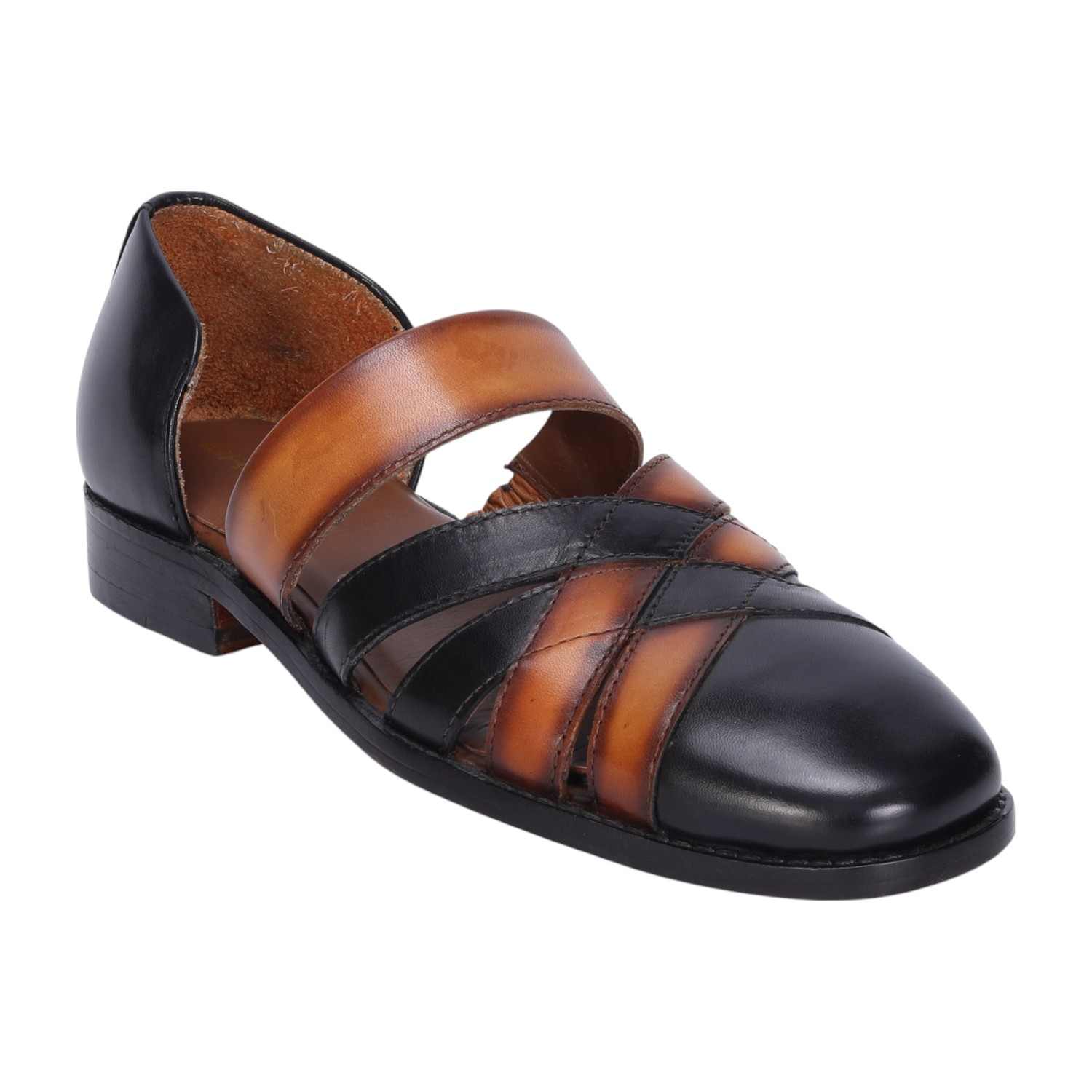 Men Black & Tan Leather Ethnic Peshawari Sandals