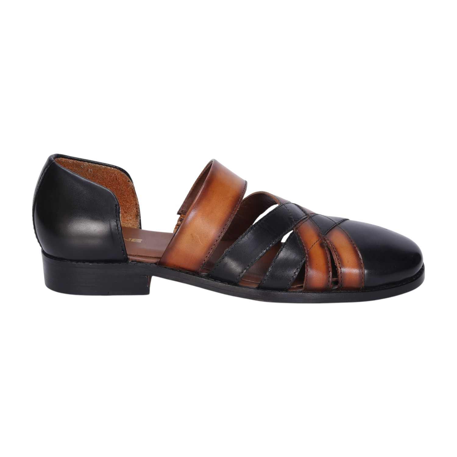 Men Black & Tan Leather Ethnic Peshawari Sandals