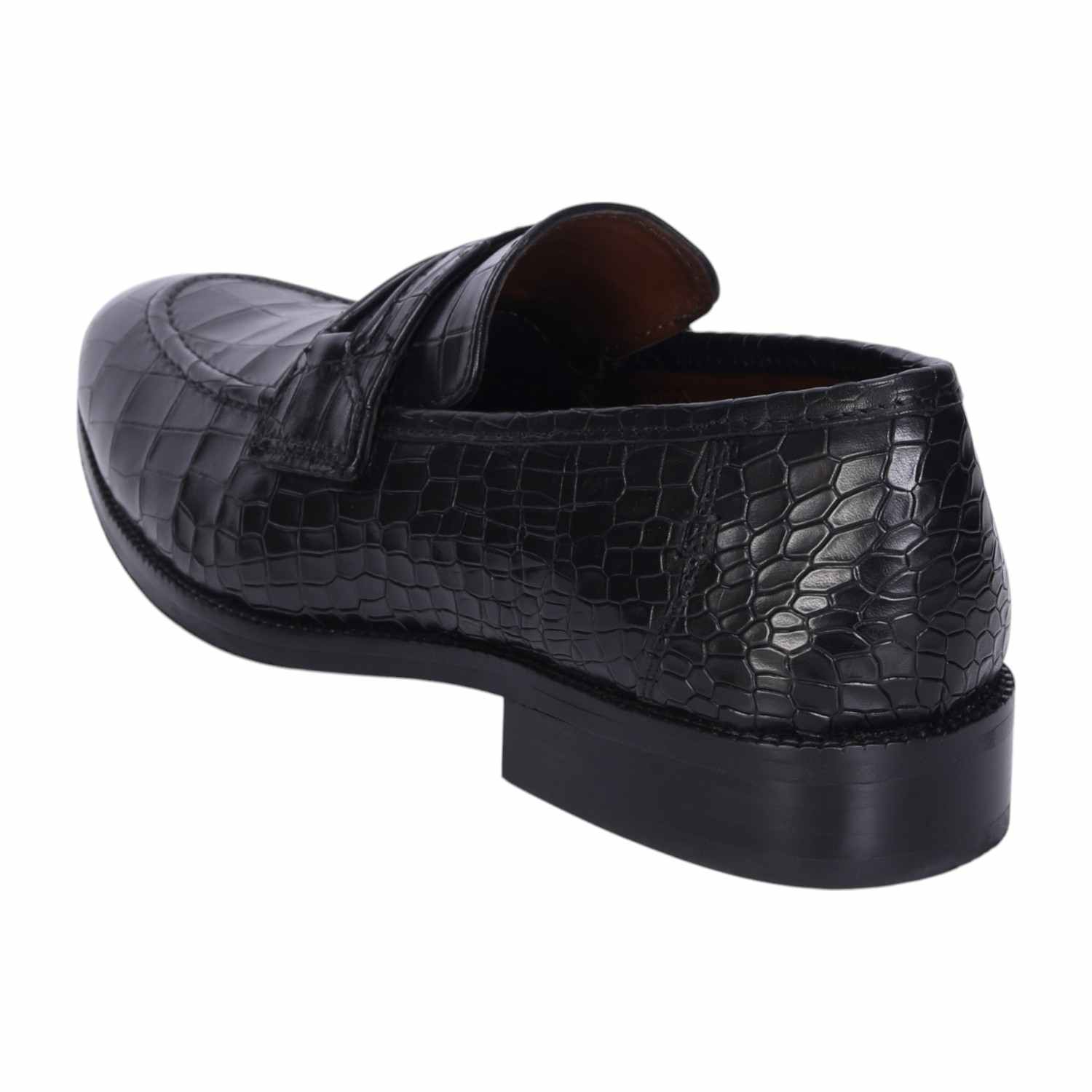 Men Black Penny Loafers with Cut Croco Leather