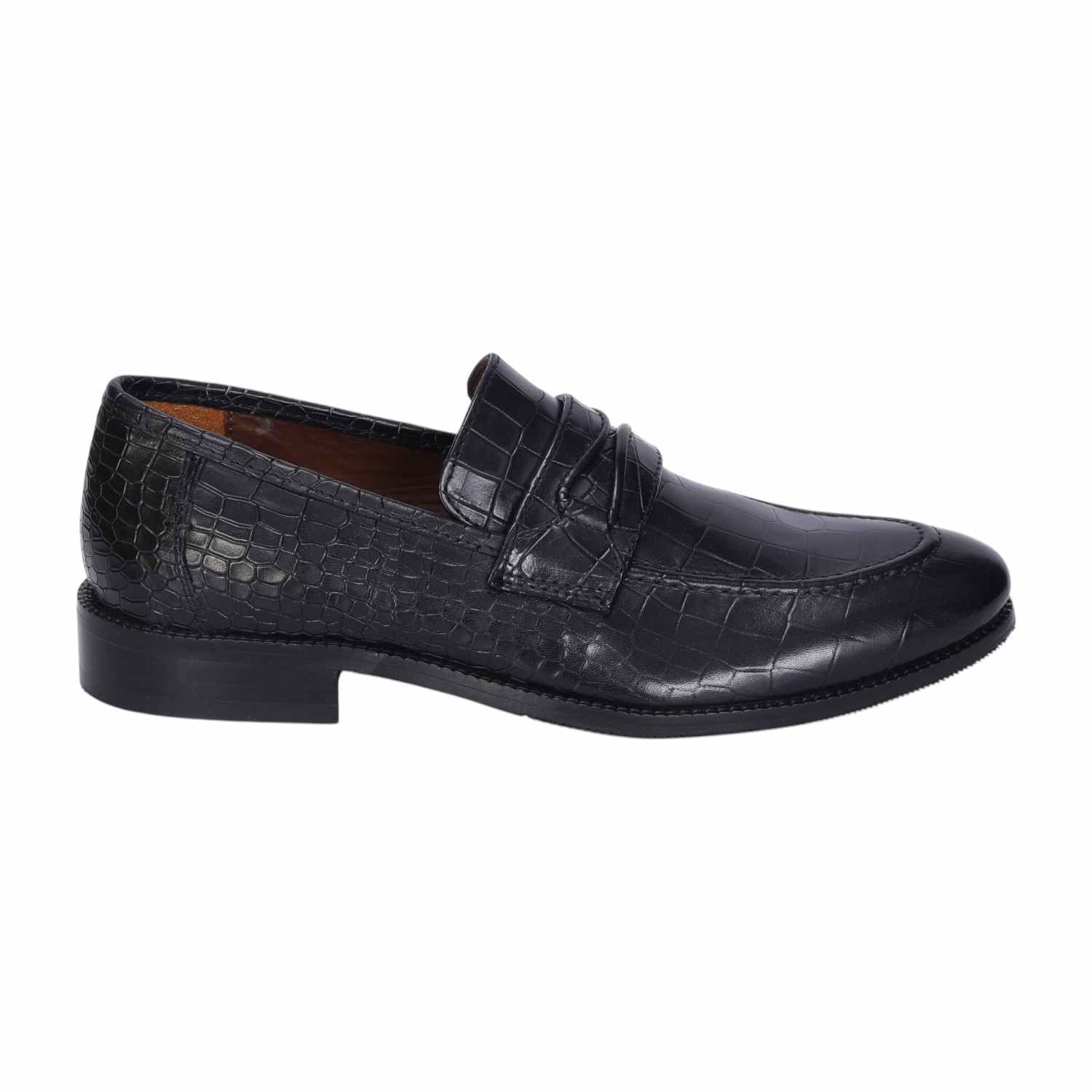 Men Black Penny Loafers with Cut Croco Leather