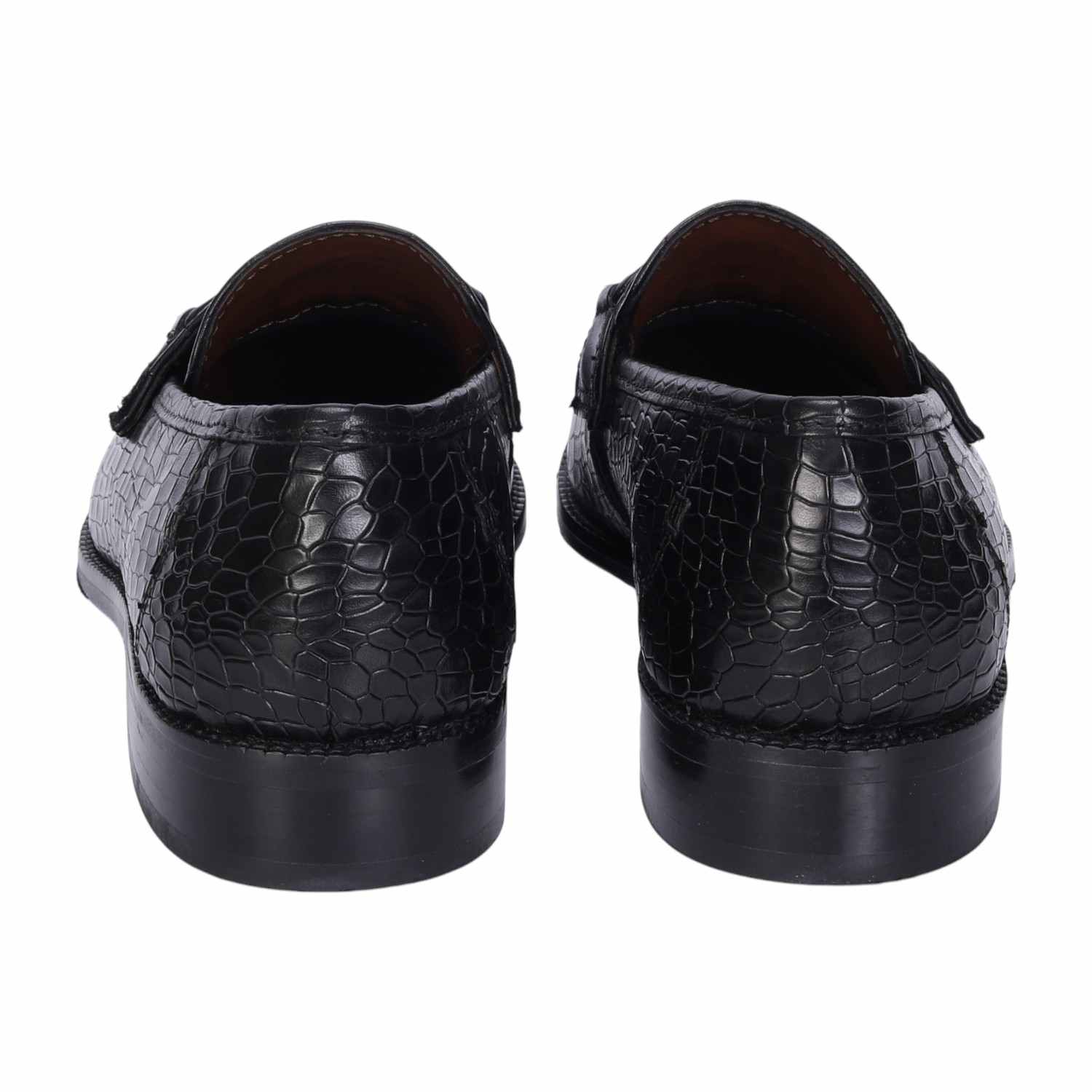 Men Black Penny Loafers with Cut Croco Leather