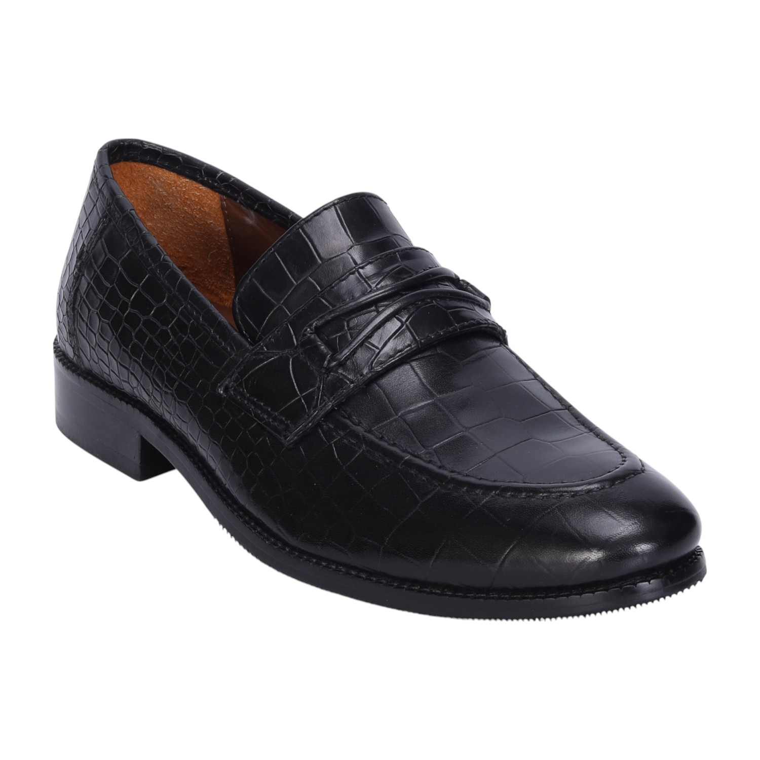 Men Black Penny Loafers with Cut Croco Leather