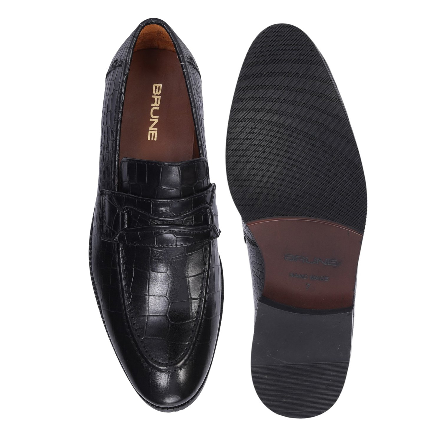 Men Black Penny Loafers with Cut Croco Leather