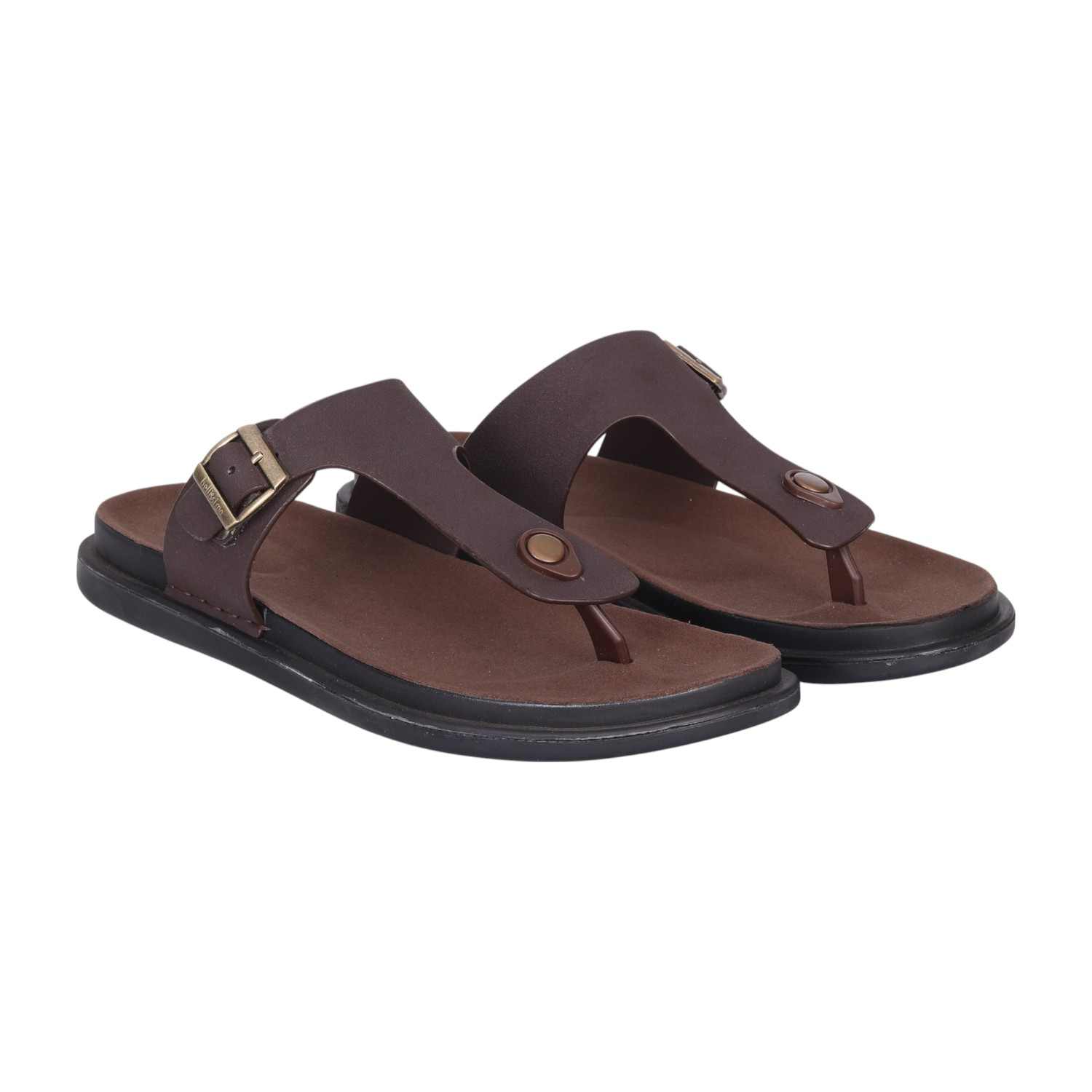 Men Brown Casual Leather Thong Sandals with Buckle Detail