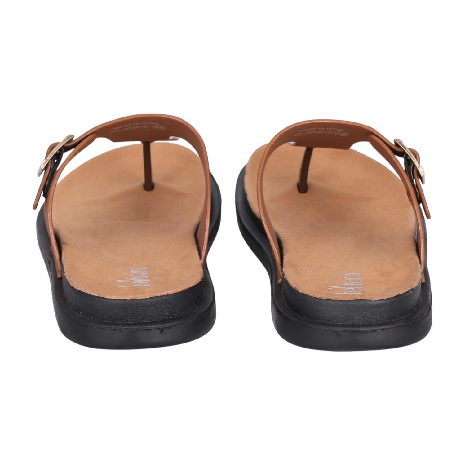 Men Tan Casual Leather Thong Sandals with Buckle Detail
