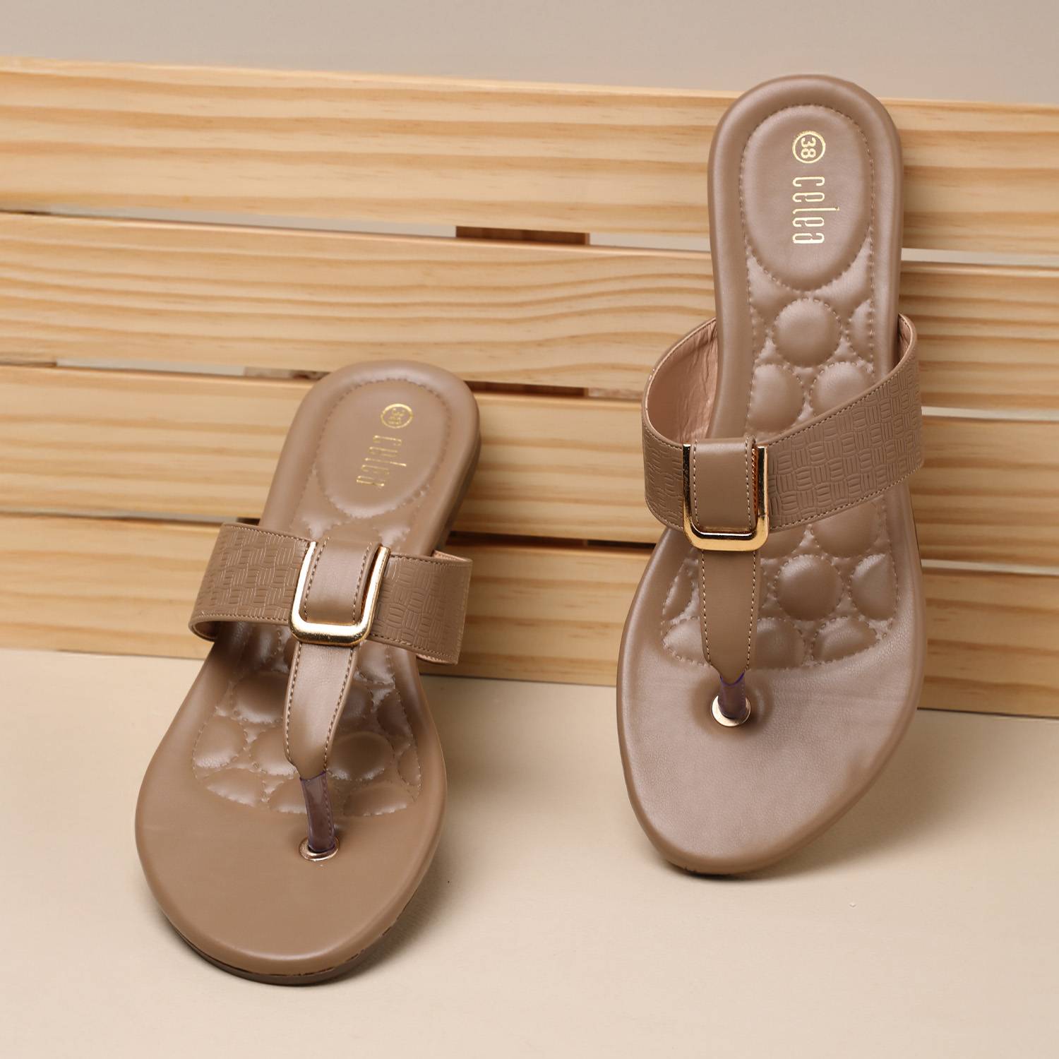 Women Beige Slip-On Sandals with Gold Buckle