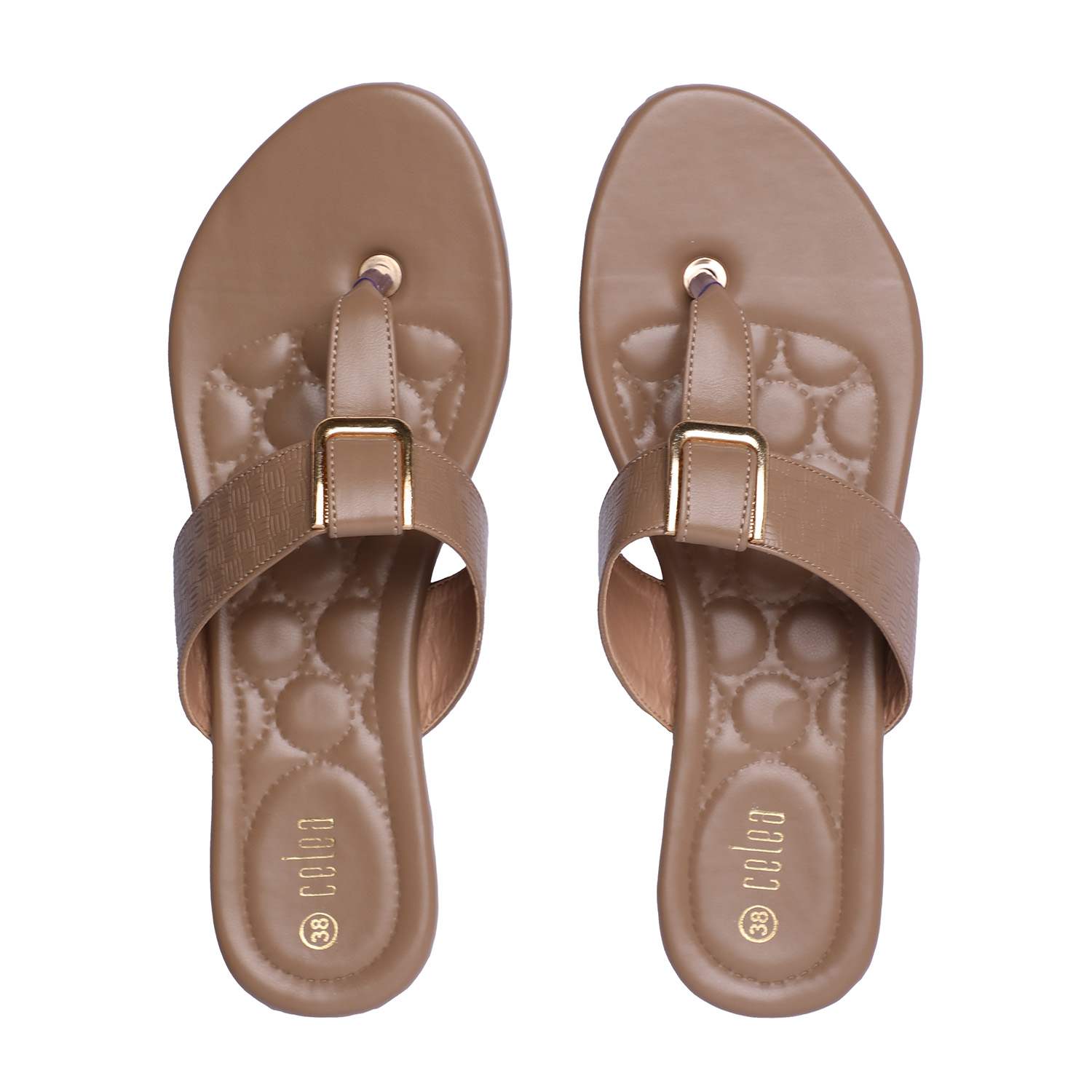 Women Beige Slip-On Sandals with Gold Buckle