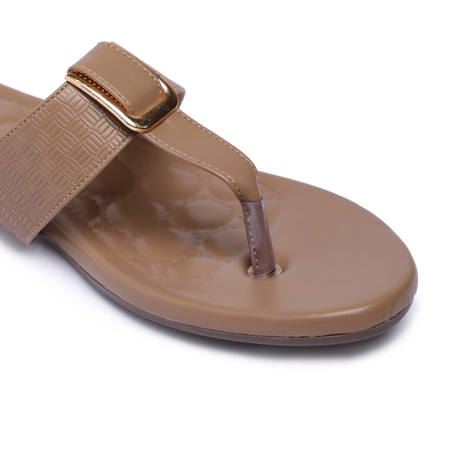 Women Beige Slip-On Sandals with Gold Buckle