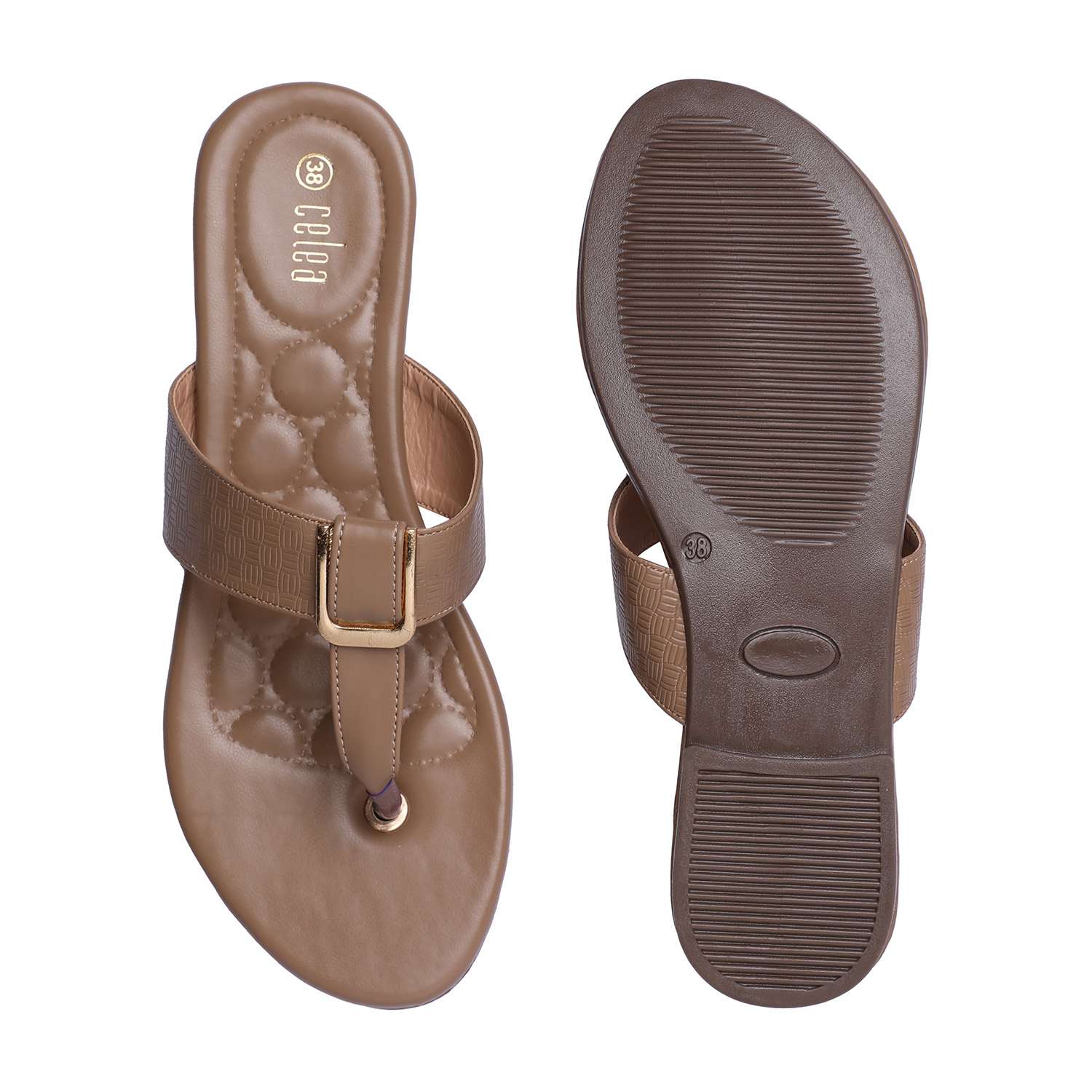 Women Beige Slip-On Sandals with Gold Buckle
