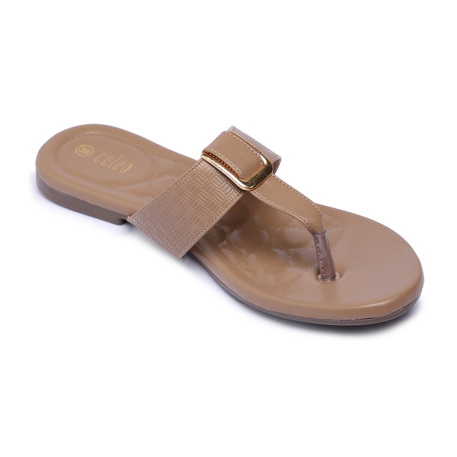 Women Beige Slip-On Sandals with Gold Buckle