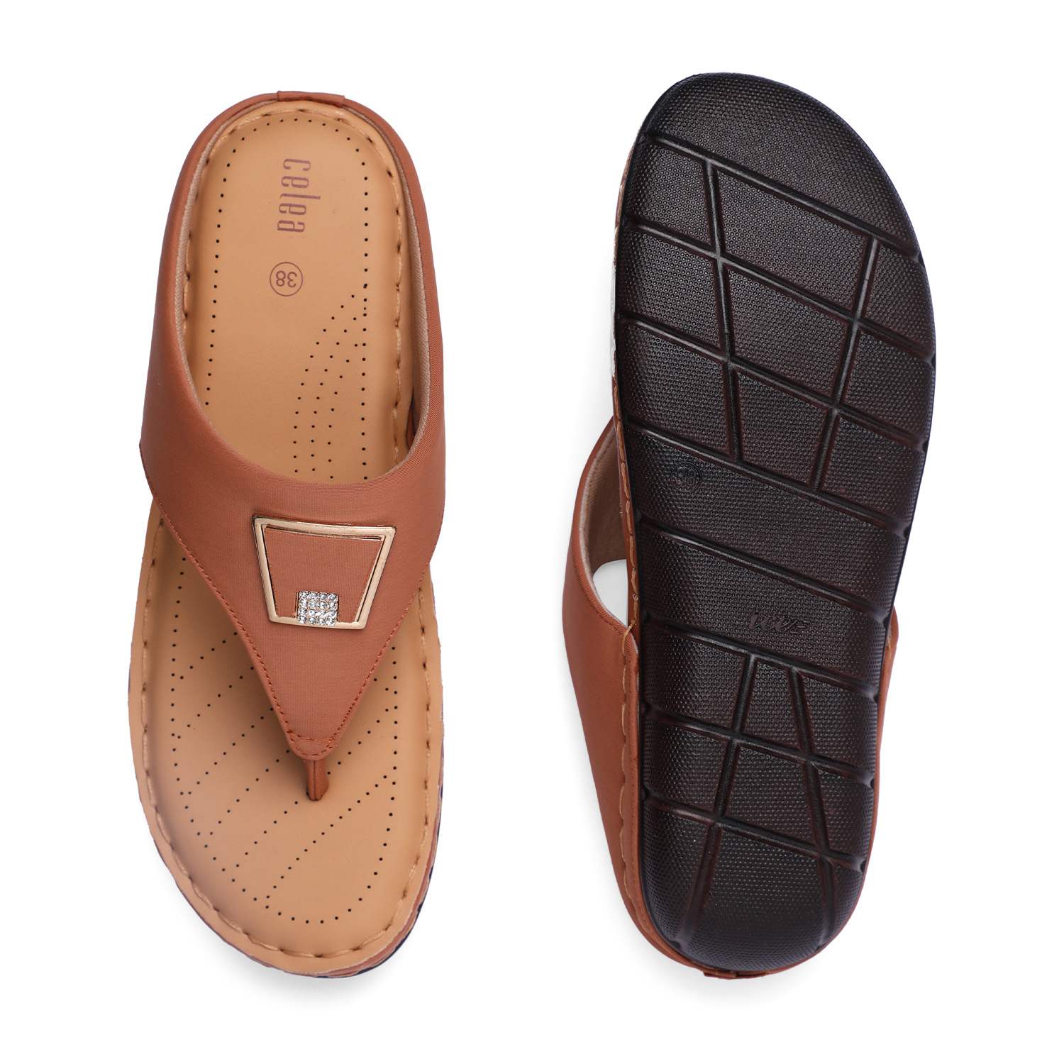 Women Tan Casual Flats With Buckle Strap