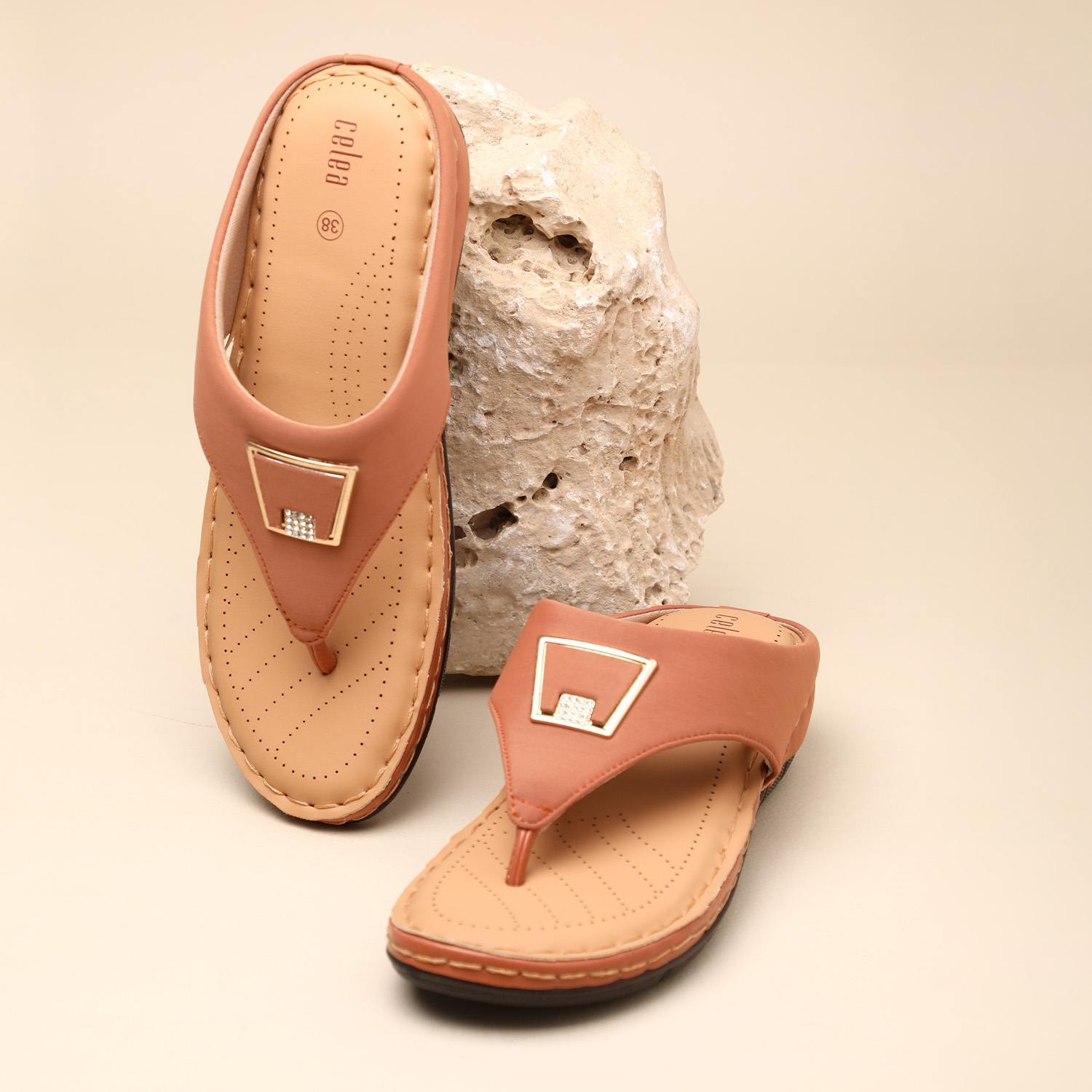 Women Tan Casual Flats With Buckle Strap
