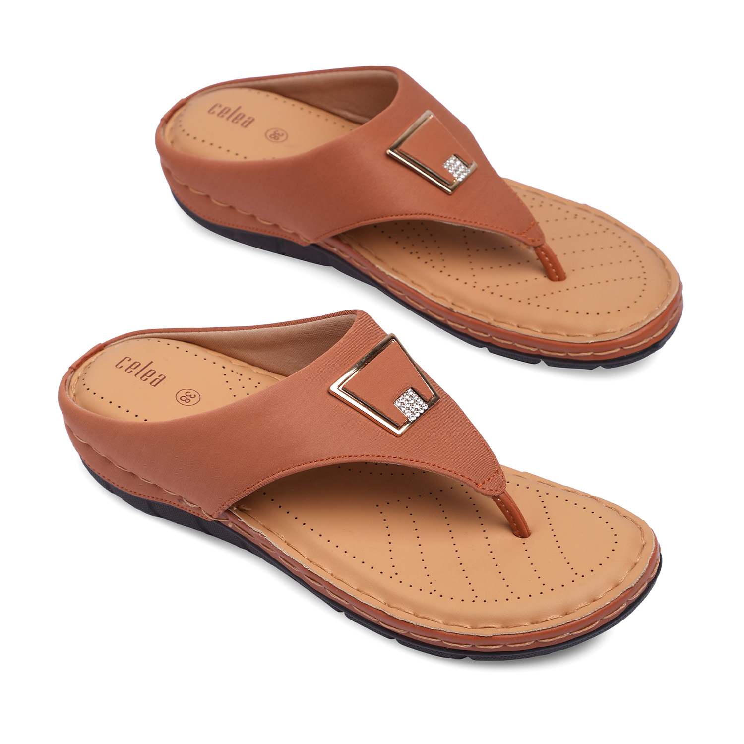 Women Tan Casual Flats With Buckle Strap