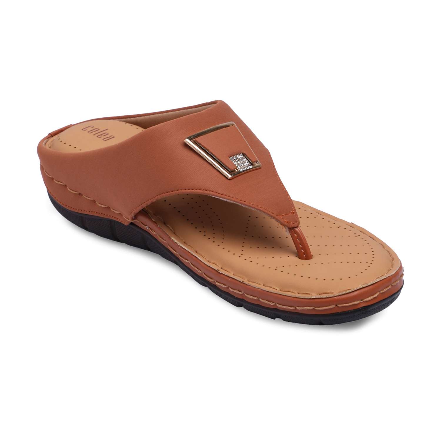 Women Tan Casual Flats With Buckle Strap