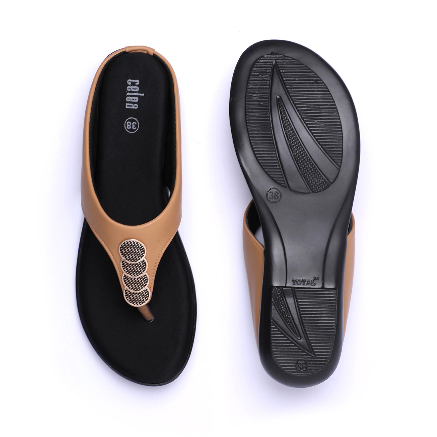 Women Beige Thong Sandals with Metallic Accents
