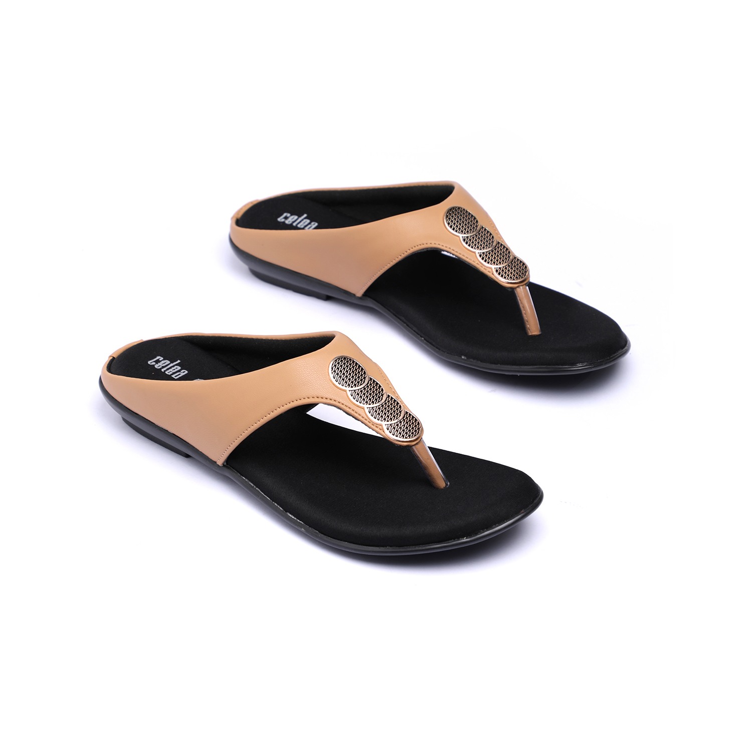 Women Beige Thong Sandals with Metallic Accents