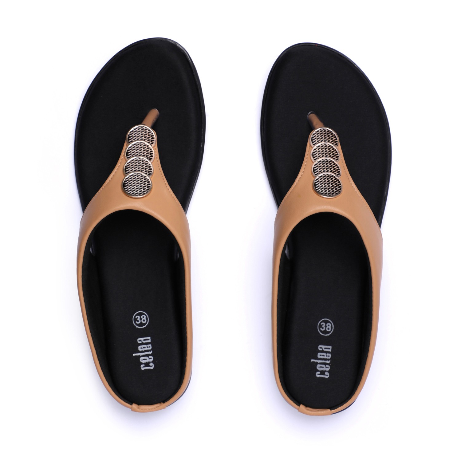 Women Beige Thong Sandals with Metallic Accents