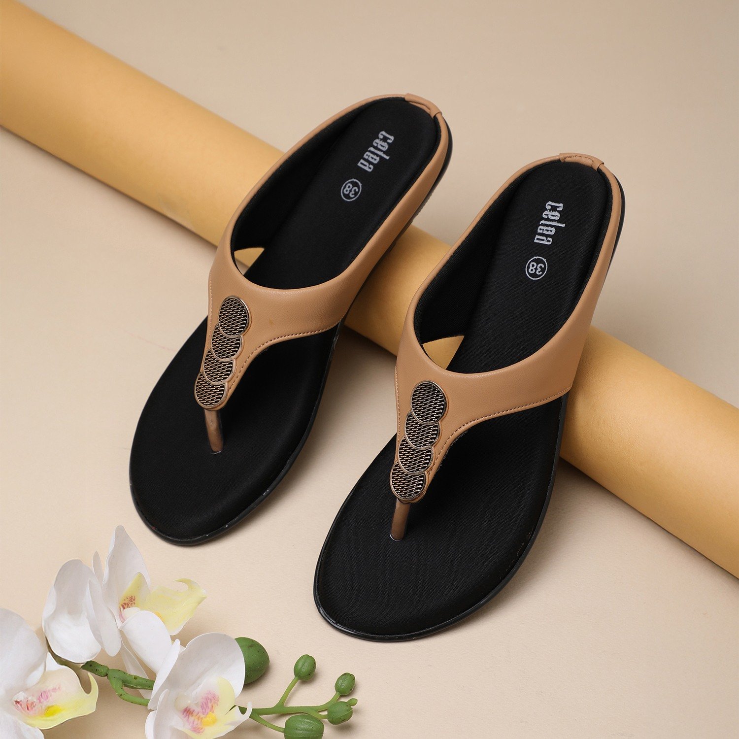 Women Beige Thong Sandals with Metallic Accents