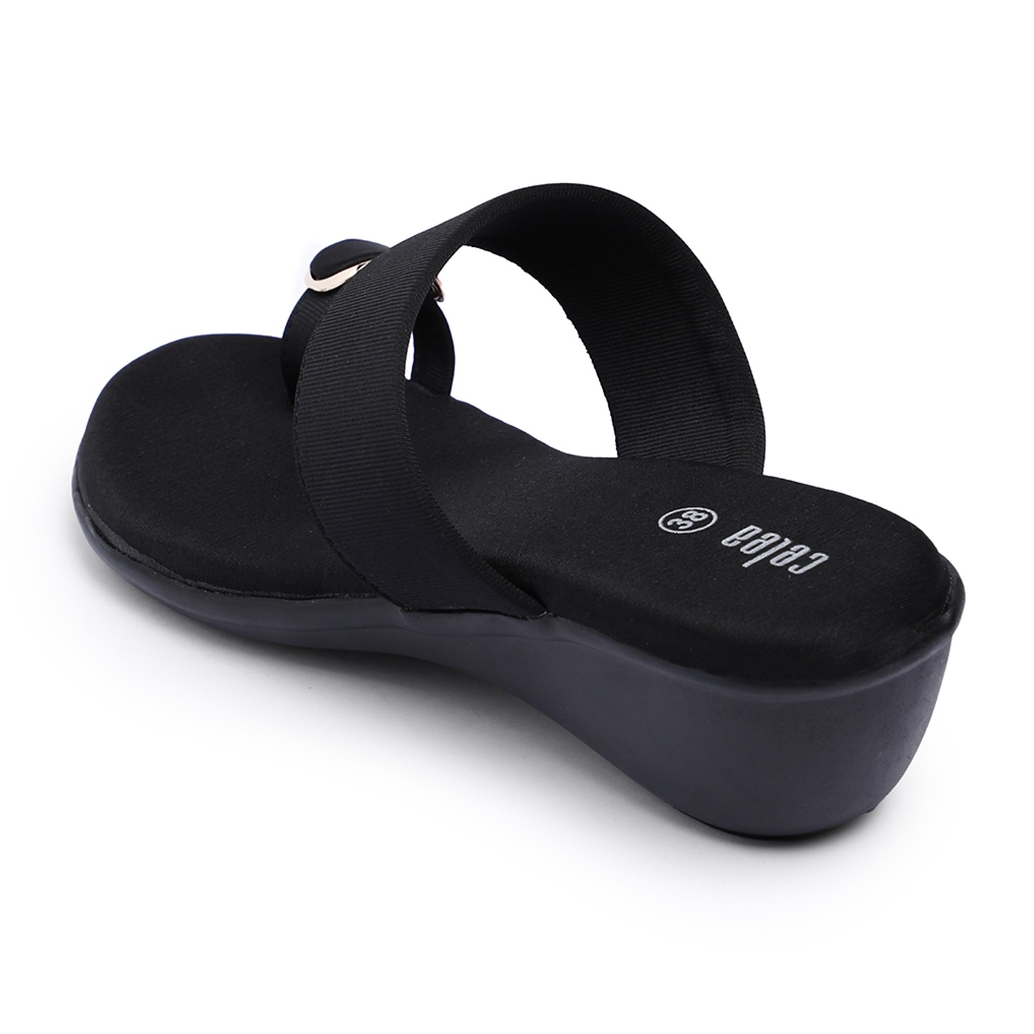 Women Black Wedge Toe-Ring Sandals with Gold Accent