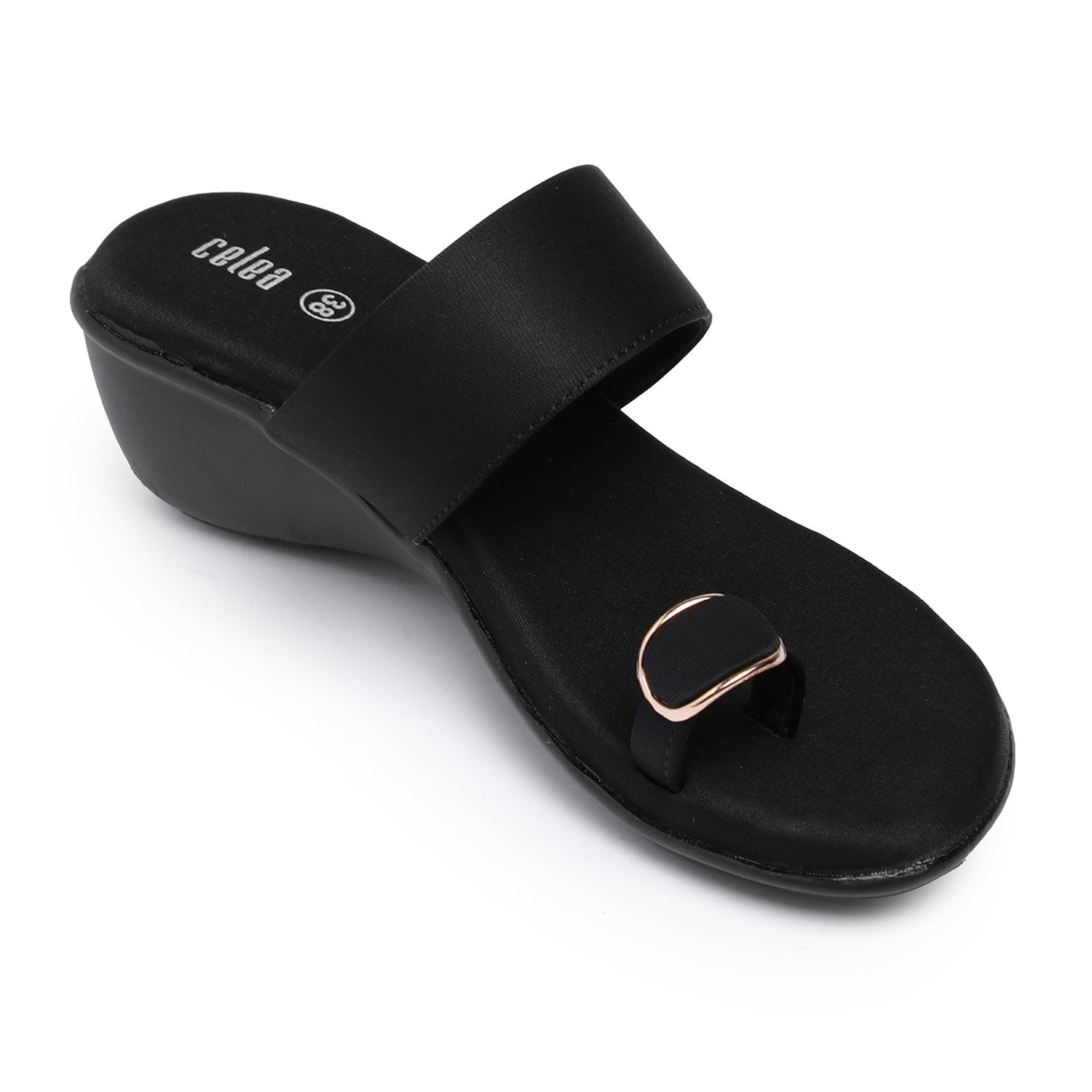 Women Black Wedge Toe-Ring Sandals with Gold Accent