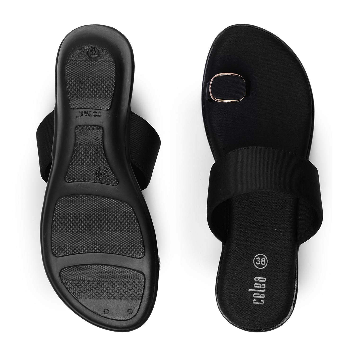 Women Black Wedge Toe-Ring Sandals with Gold Accent