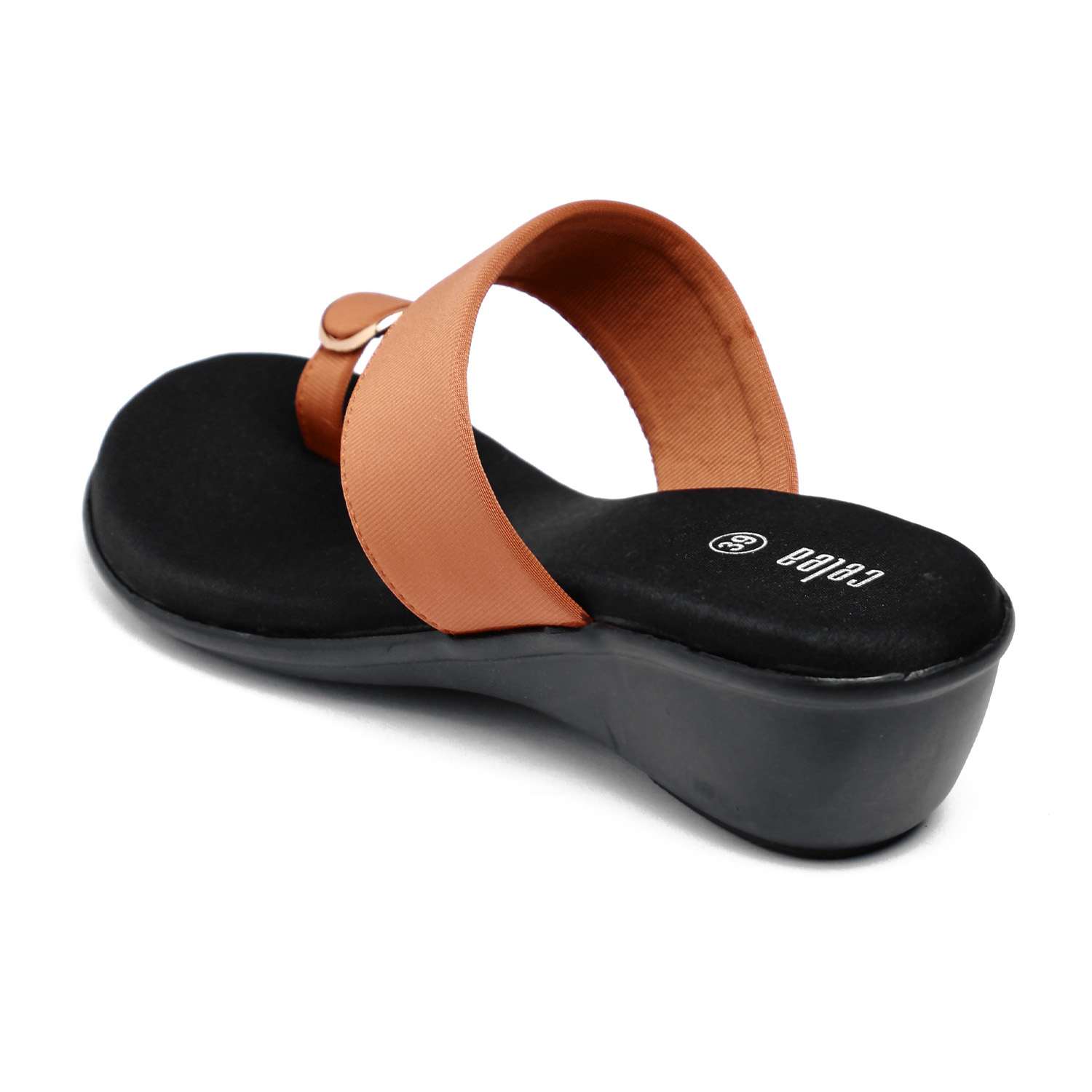 Women Tan Toe Ring Buckle Wedges