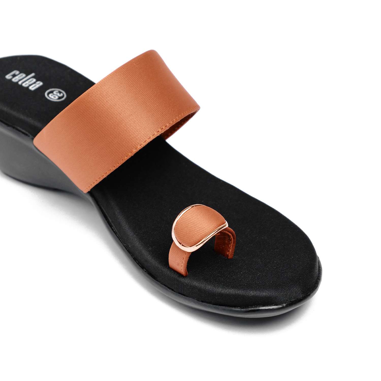 Women Tan Toe Ring Buckle Wedges