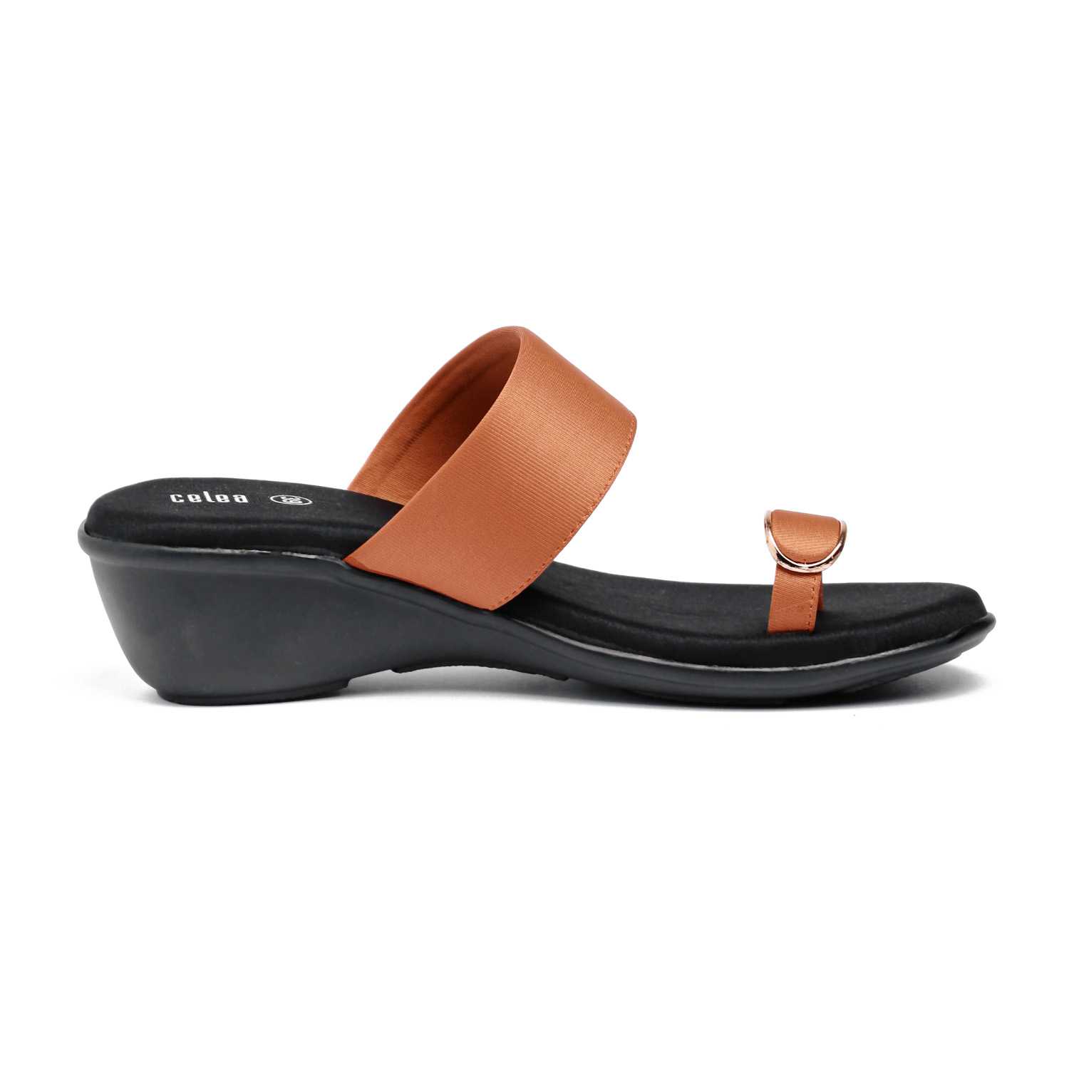 Women Tan Toe Ring Buckle Wedges