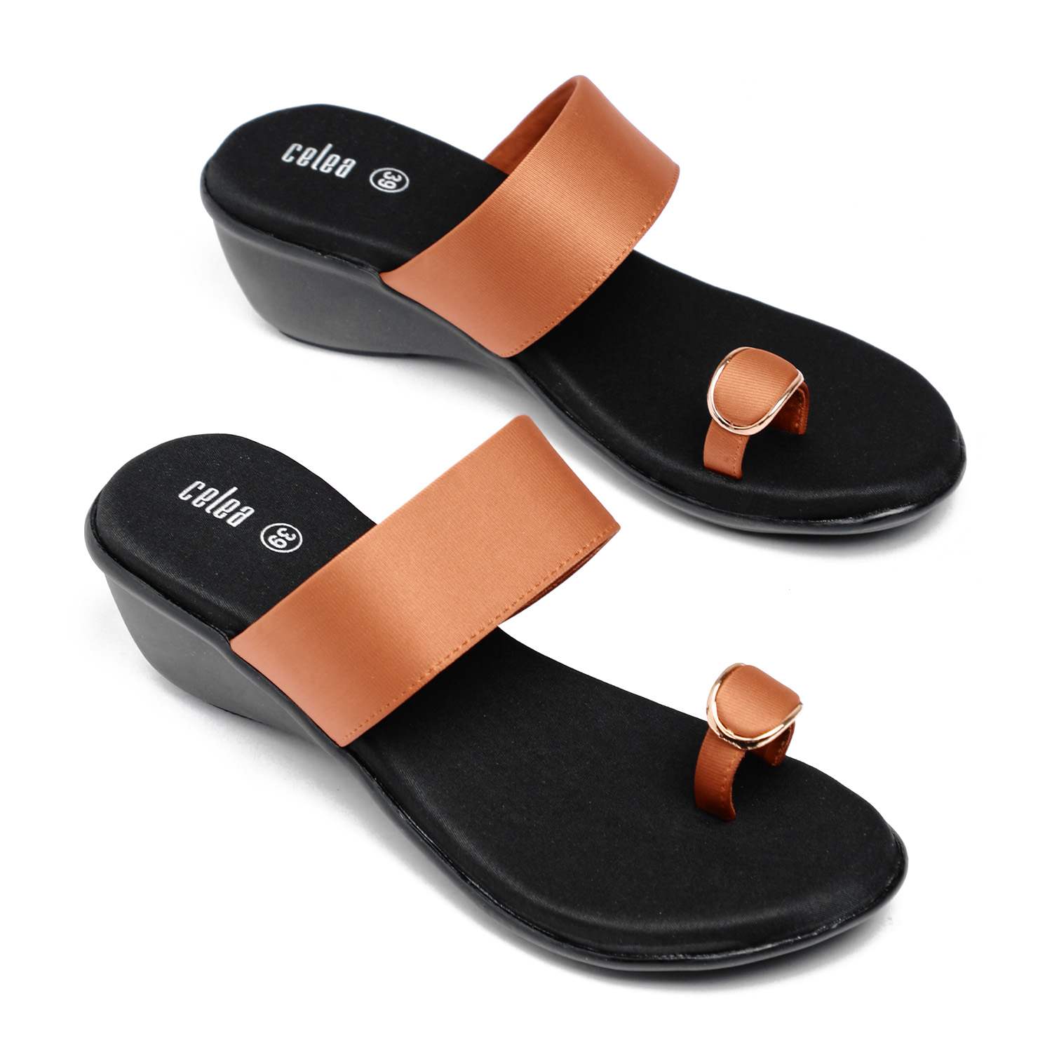 Women Tan Toe Ring Buckle Wedges