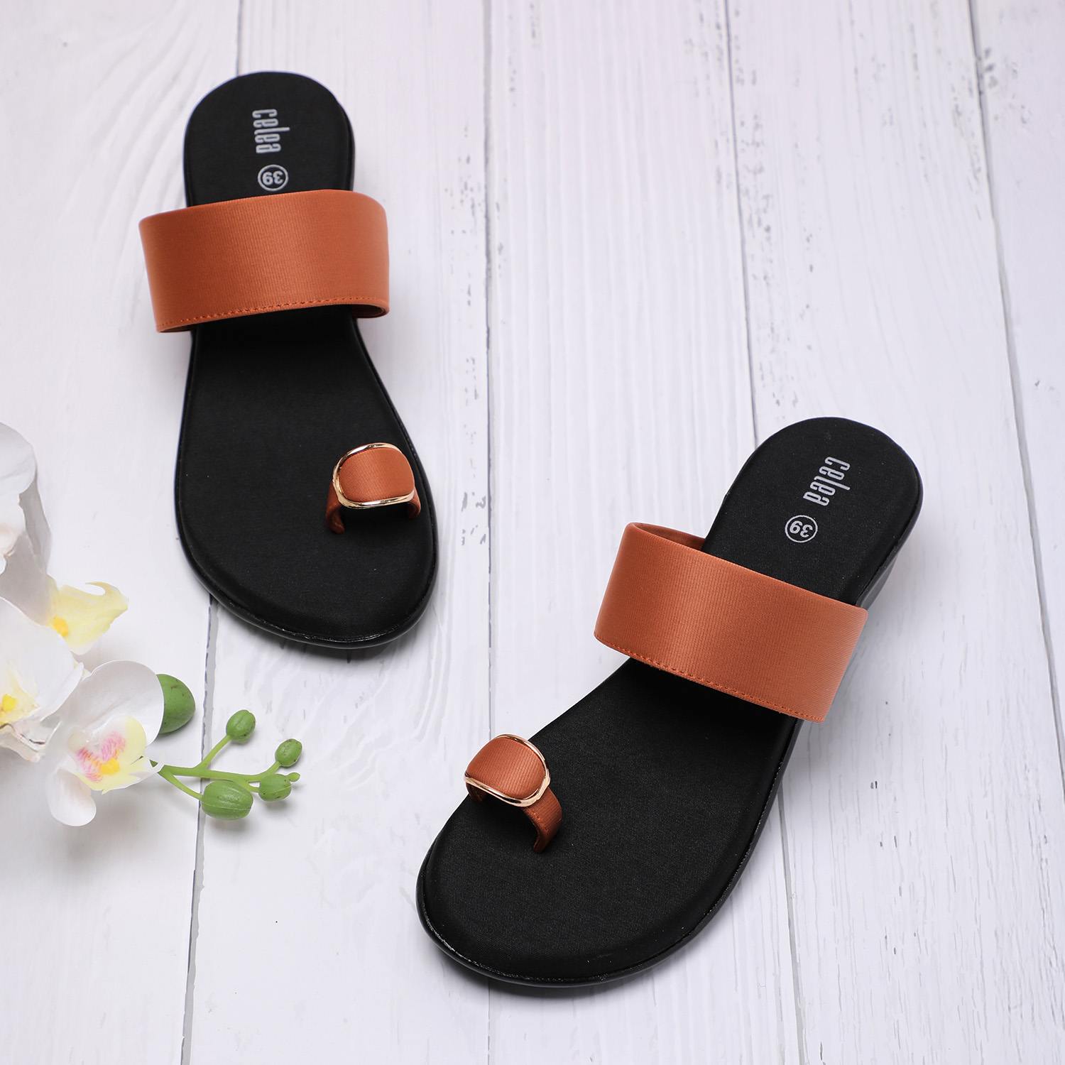 Women Tan Toe Ring Buckle Wedges