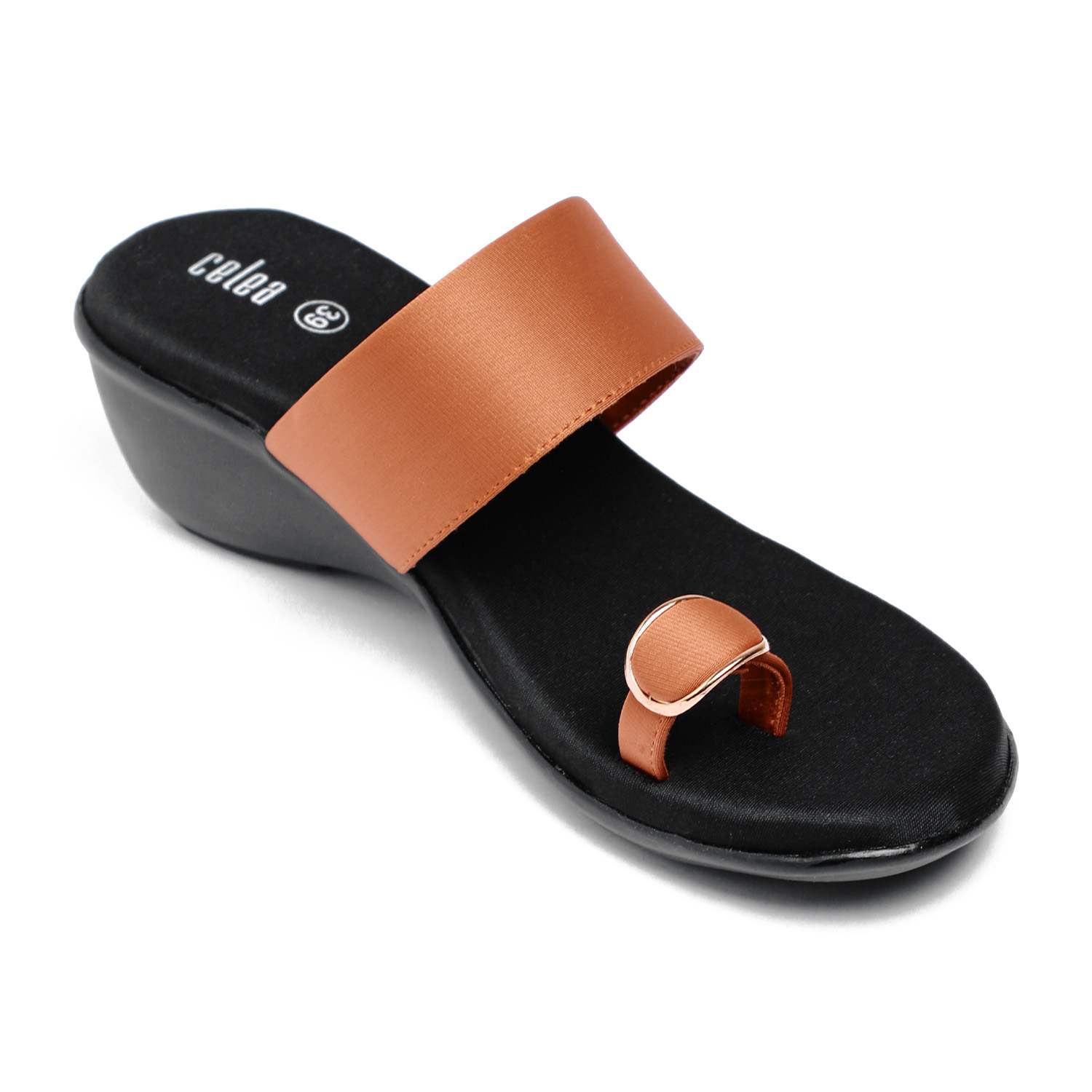 Women Tan Toe Ring Buckle Wedges