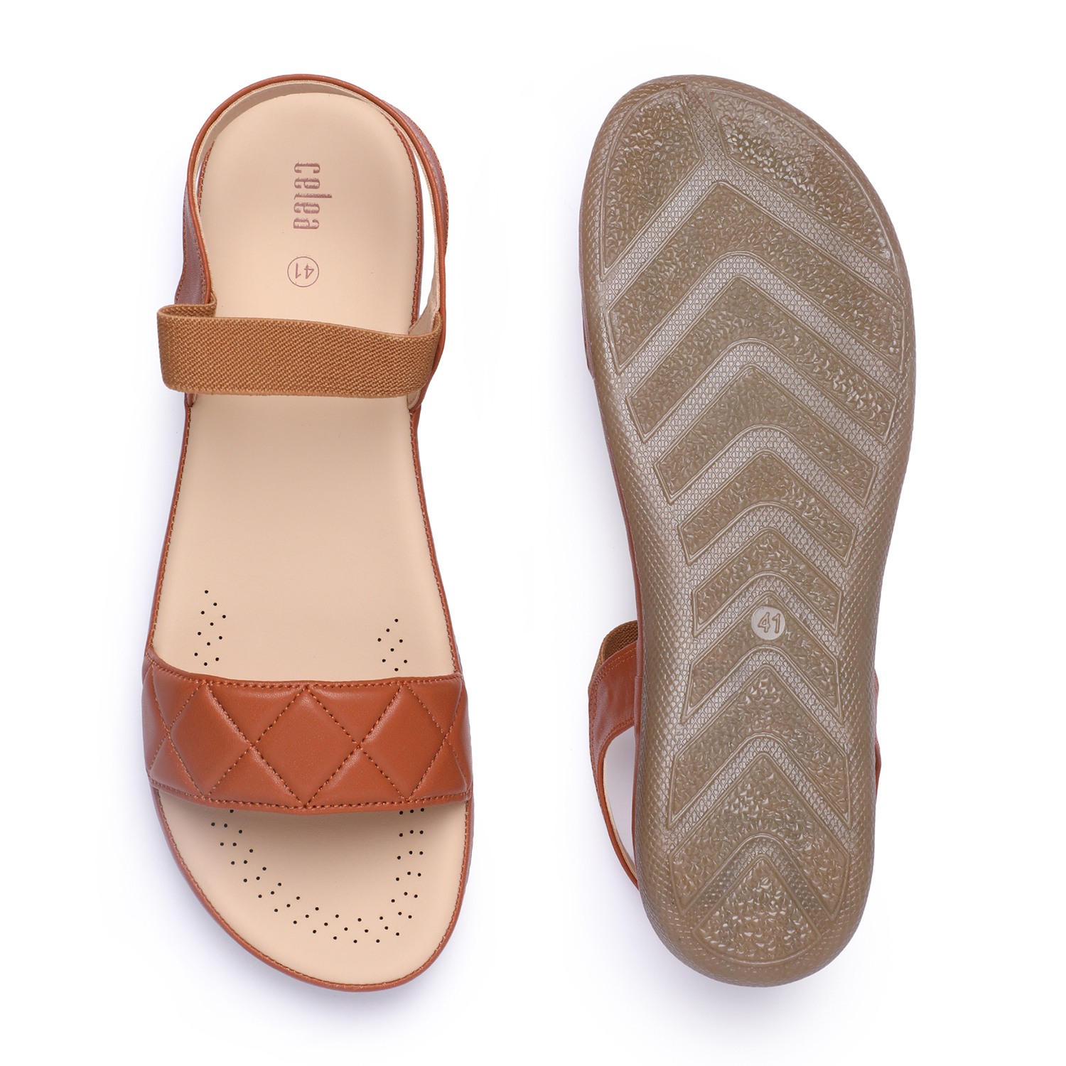 Women Tan Quilted Strap Sandals with Elastic Back