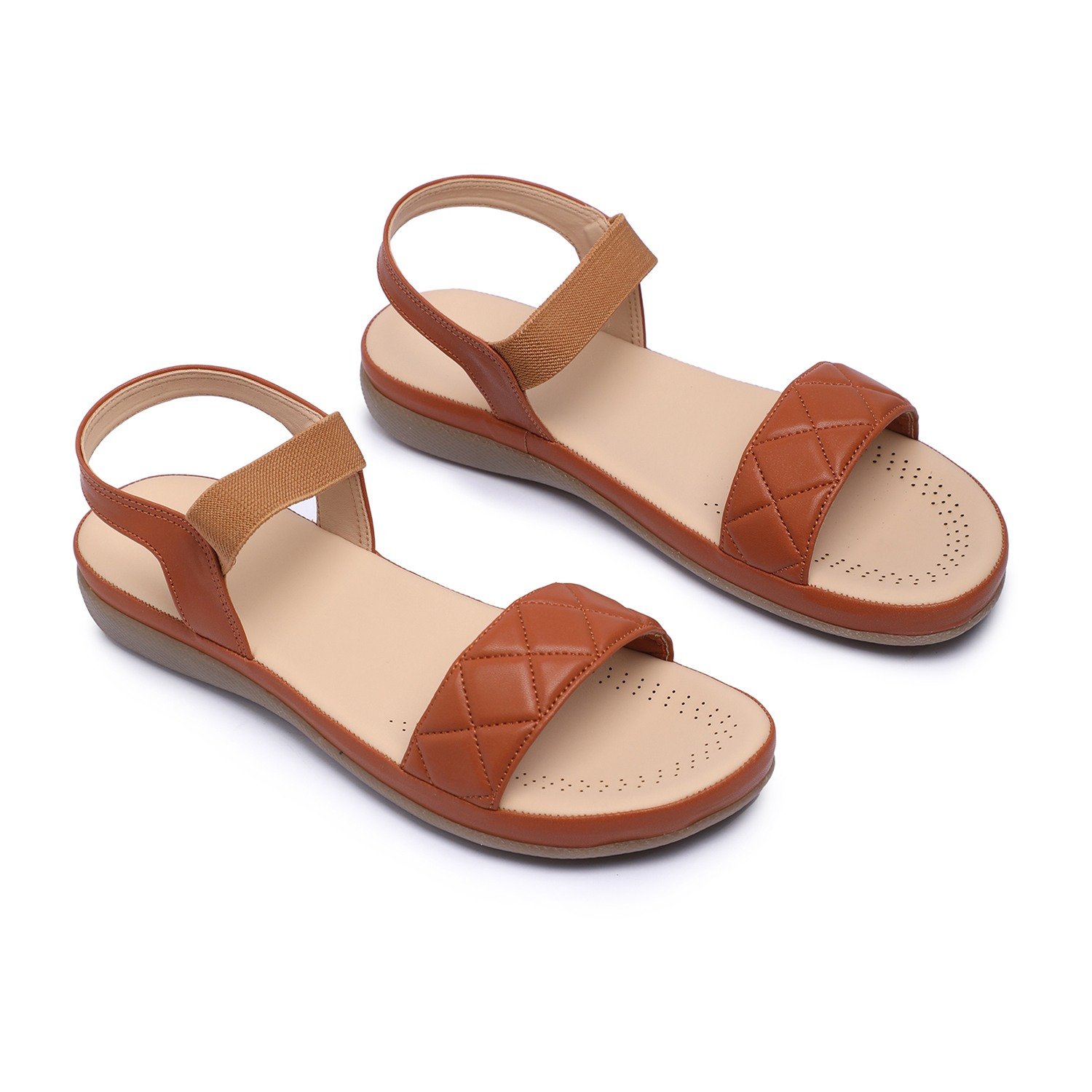 Women Tan Quilted Strap Sandals with Elastic Back