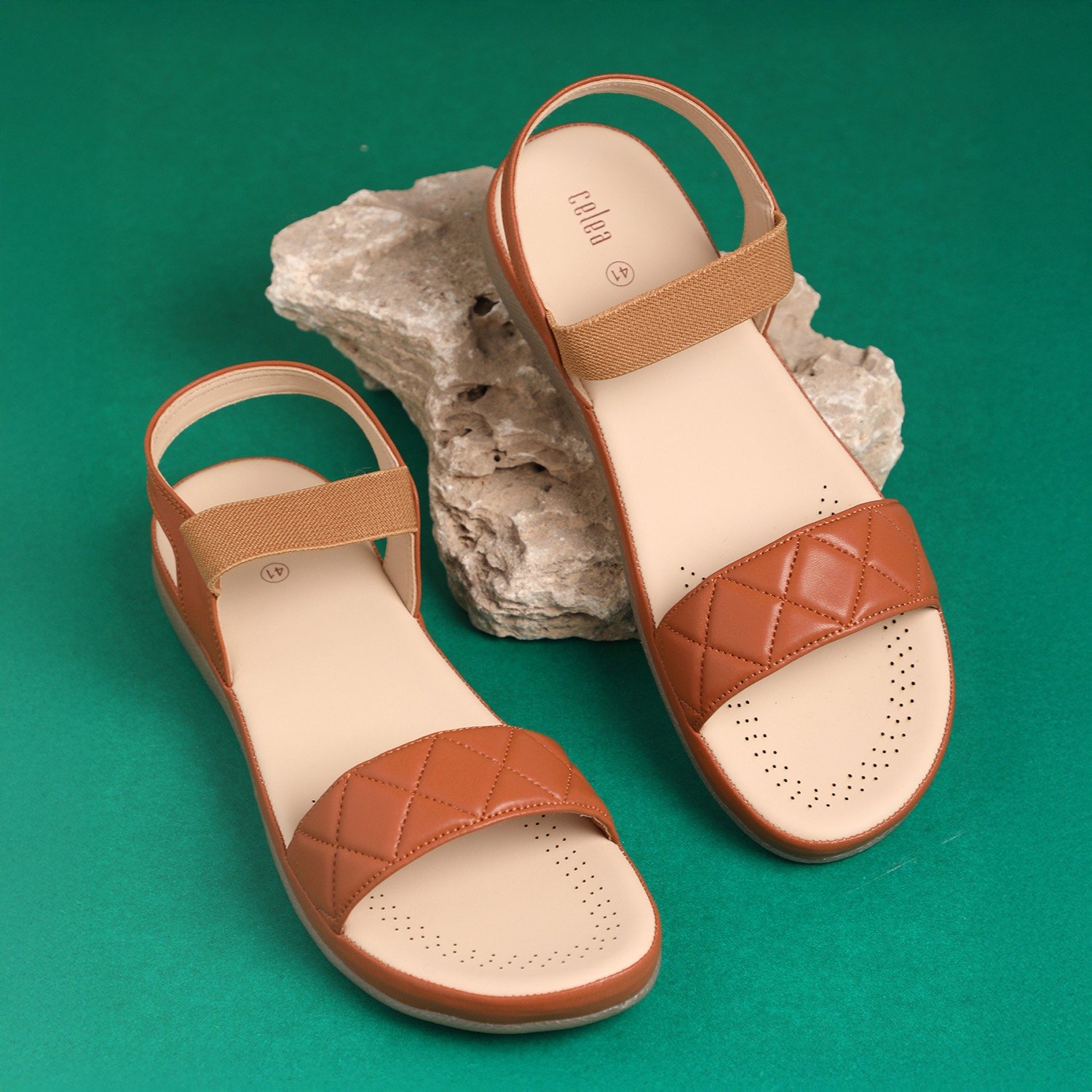 Women Tan Quilted Strap Sandals with Elastic Back