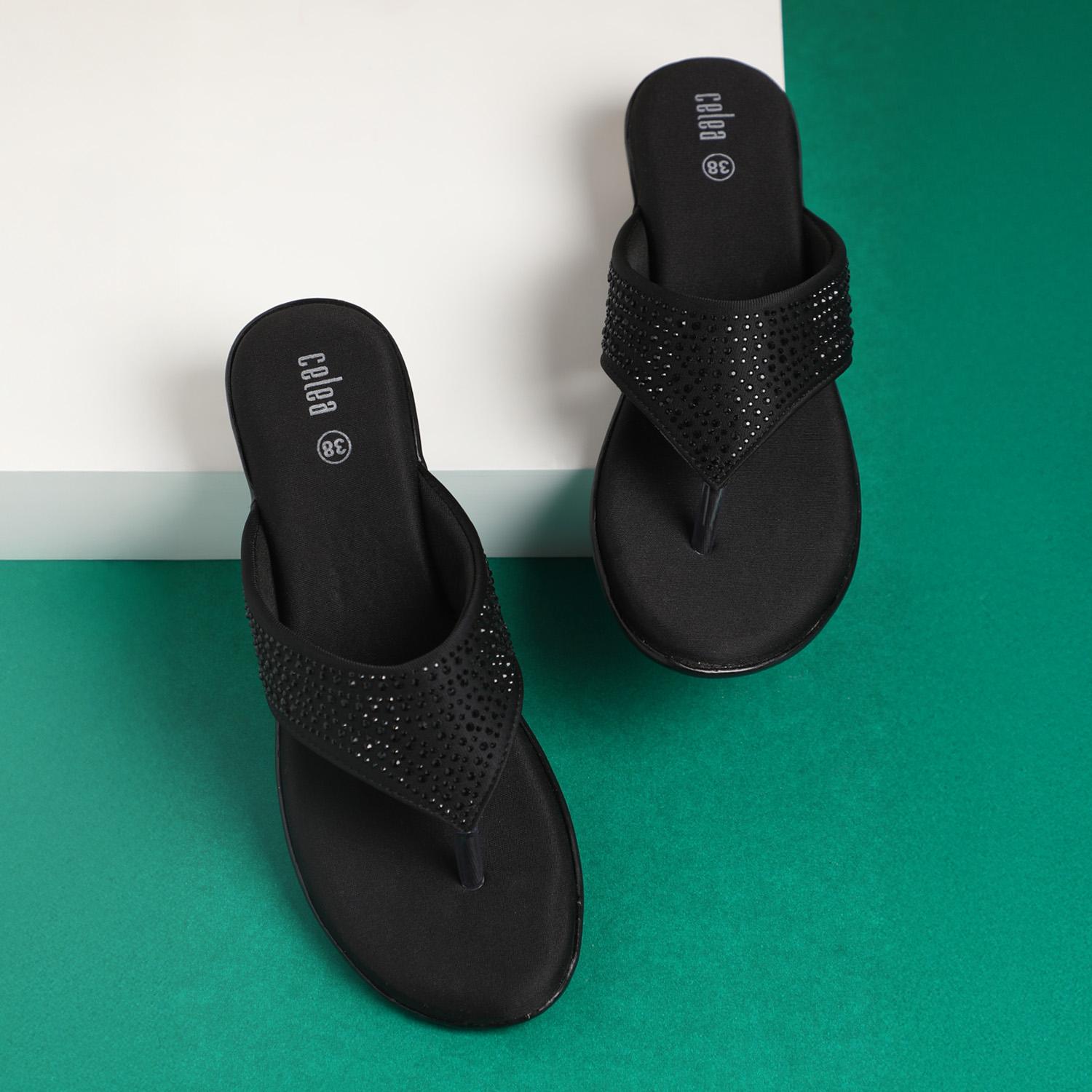Women Black Stone Embellished Wedges