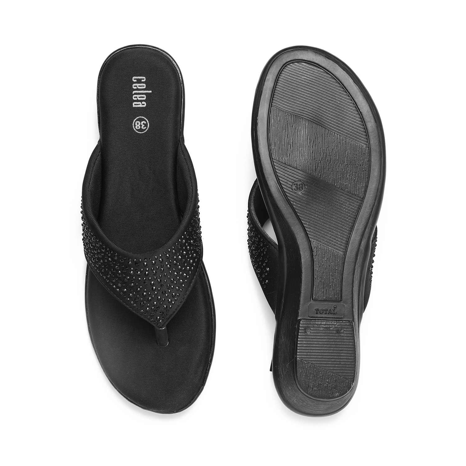 Women Black Stone Embellished Wedges
