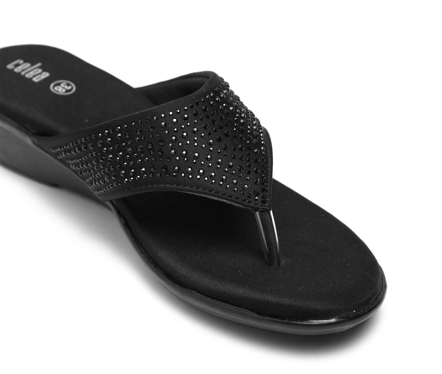 Women Black Stone Embellished Wedges