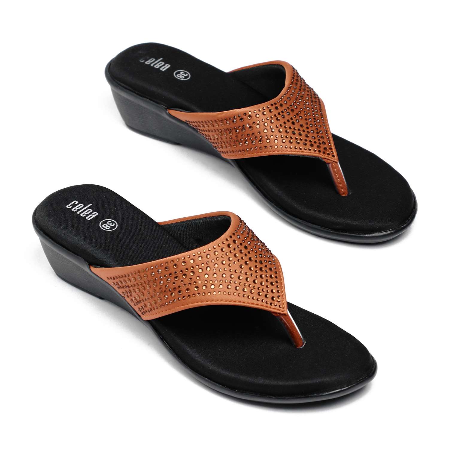 Women Tan Stone Embellished Wedges