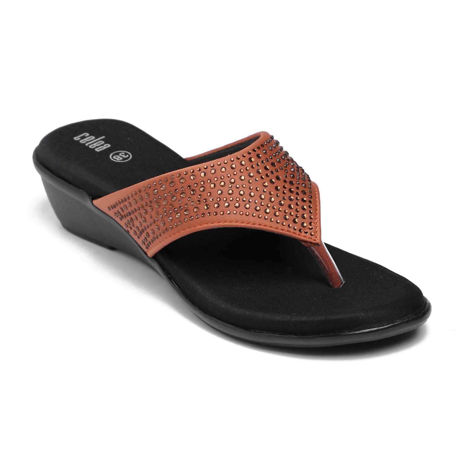 Women Tan Stone Embellished Wedges