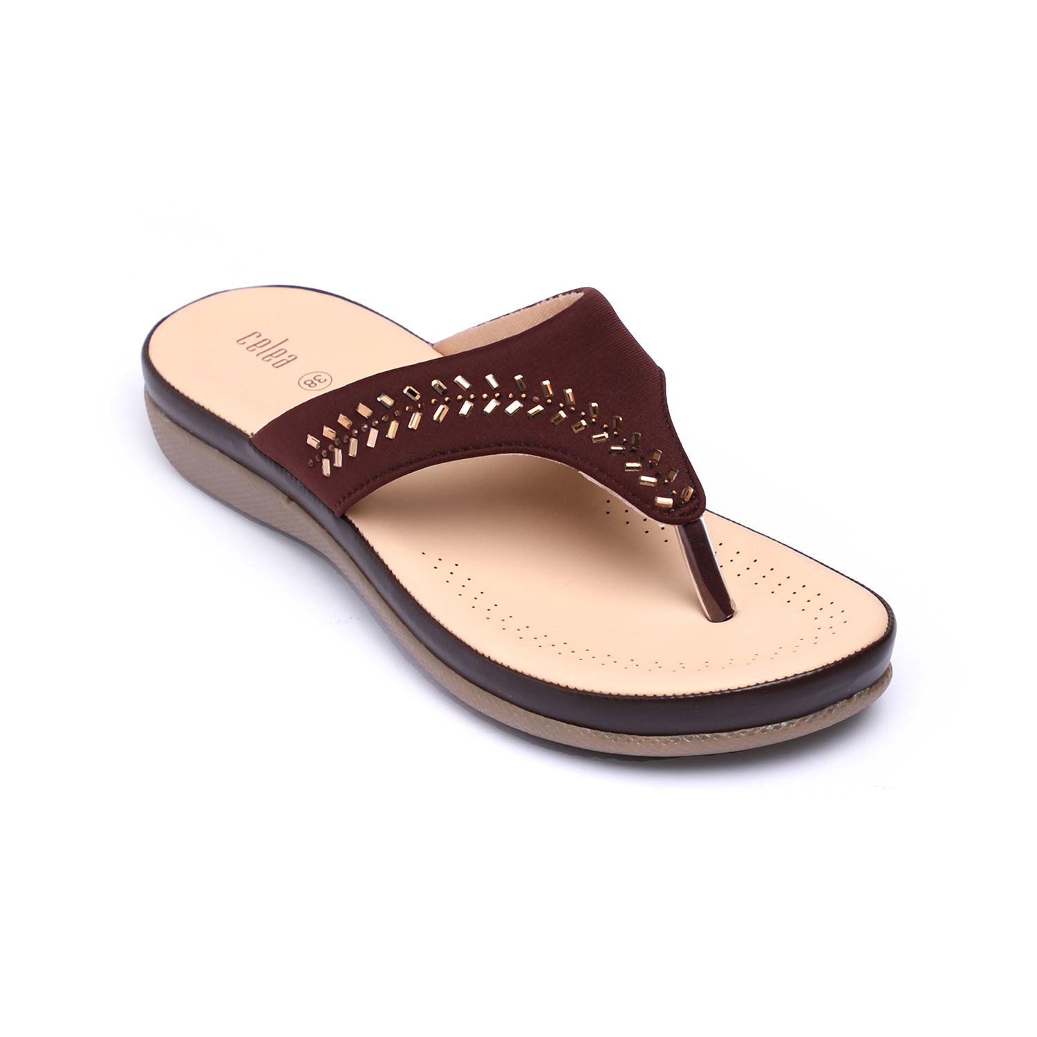 Women Brown Stone Embellished Fashion Flat