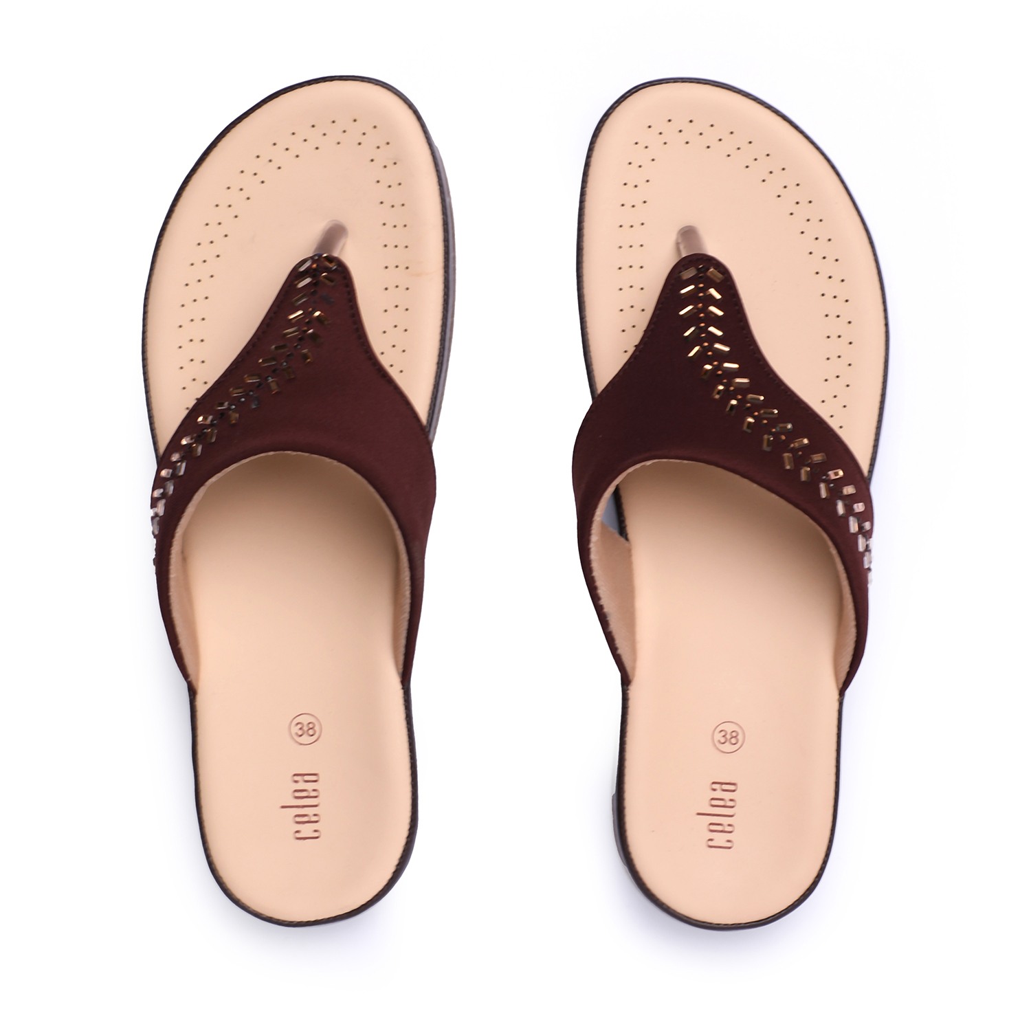 Women Brown Stone Embellished Fashion Flat