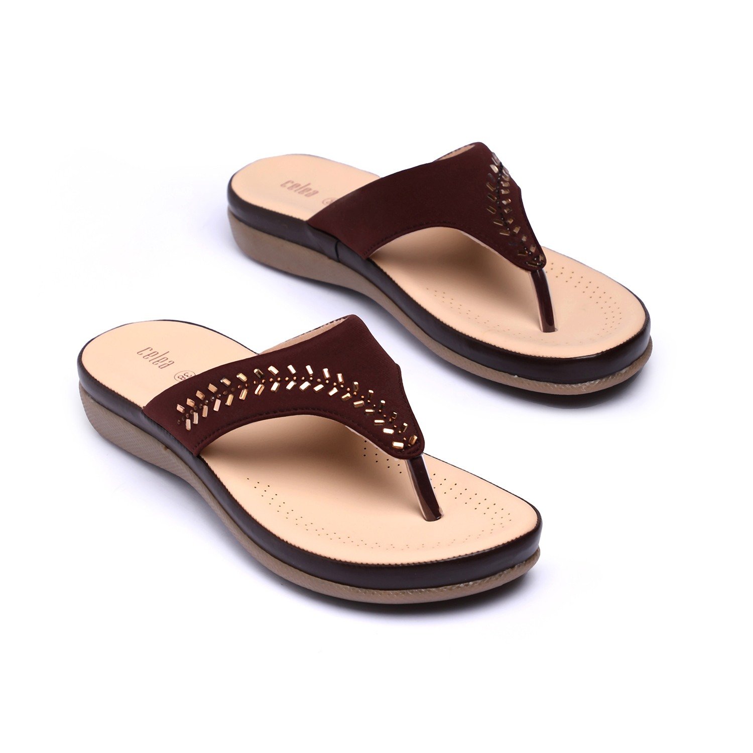 Women Brown Stone Embellished Fashion Flat