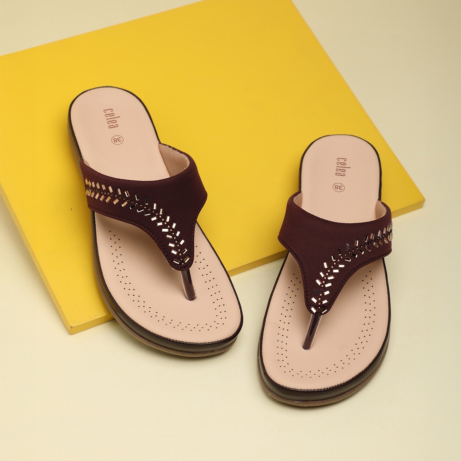 Women Brown Stone Embellished Fashion Flat