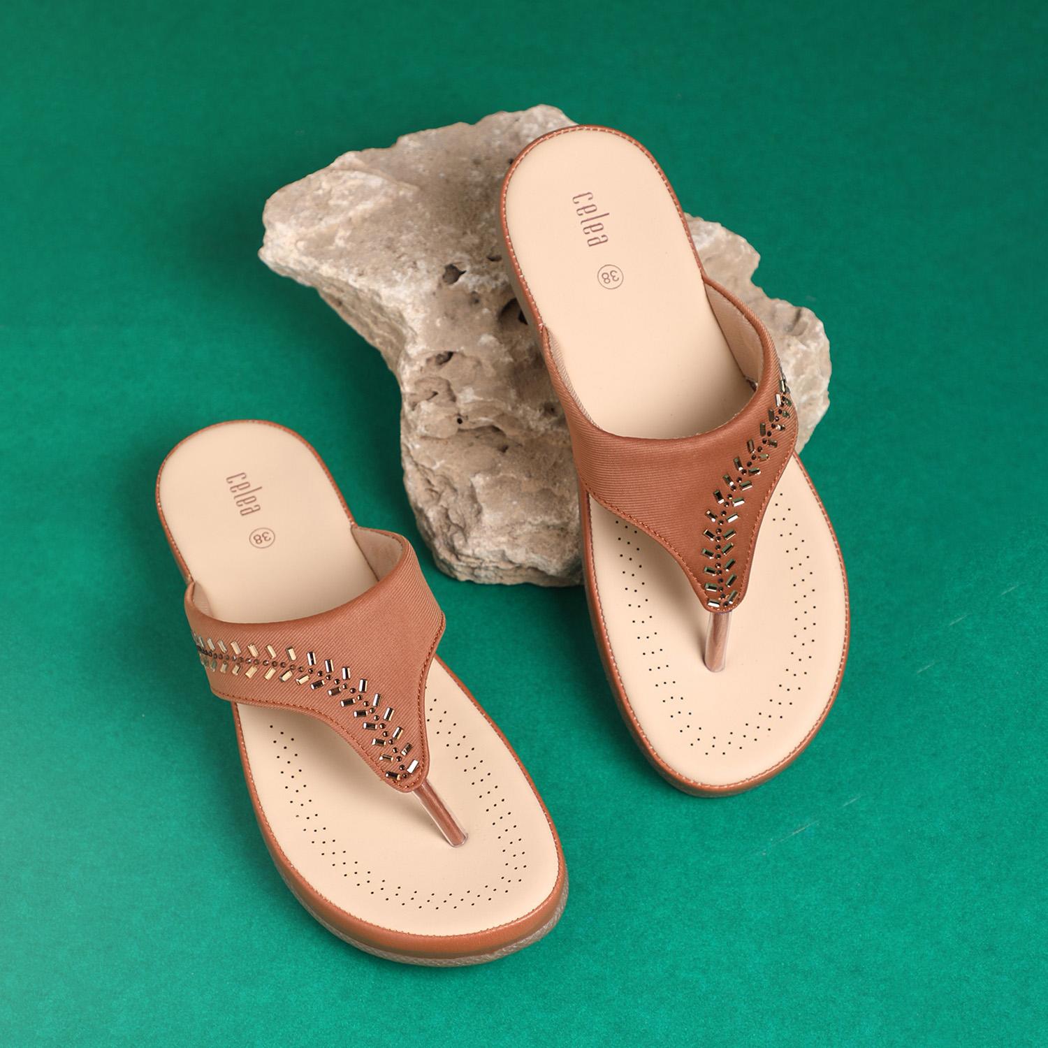 Women Tan Stone Embellished Fashion Flat