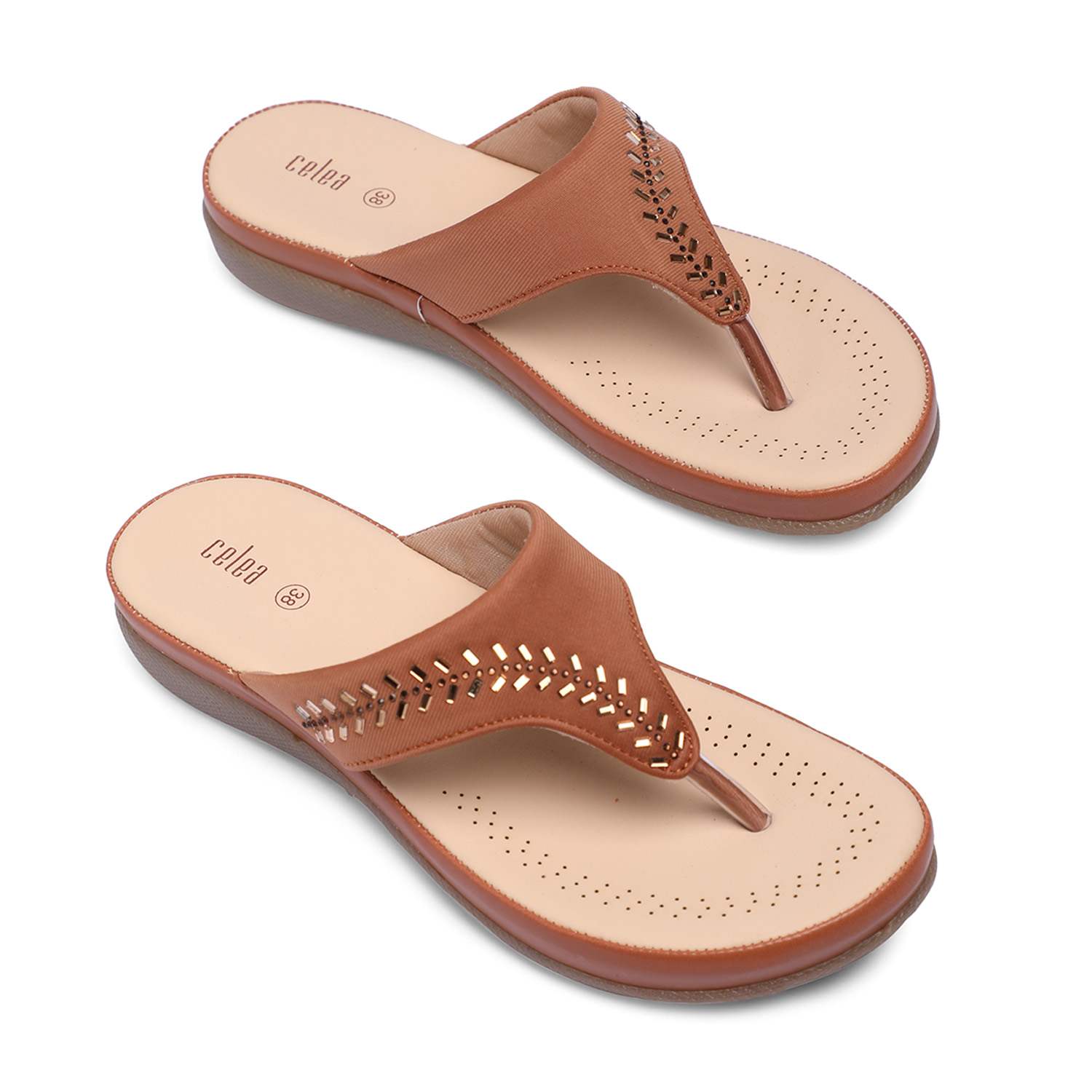 Women Tan Stone Embellished Fashion Flat