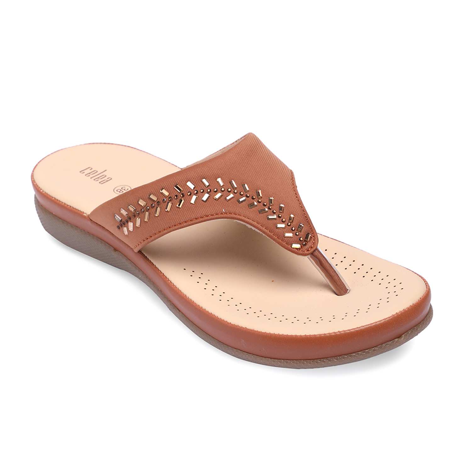 Women Tan Stone Embellished Fashion Flat