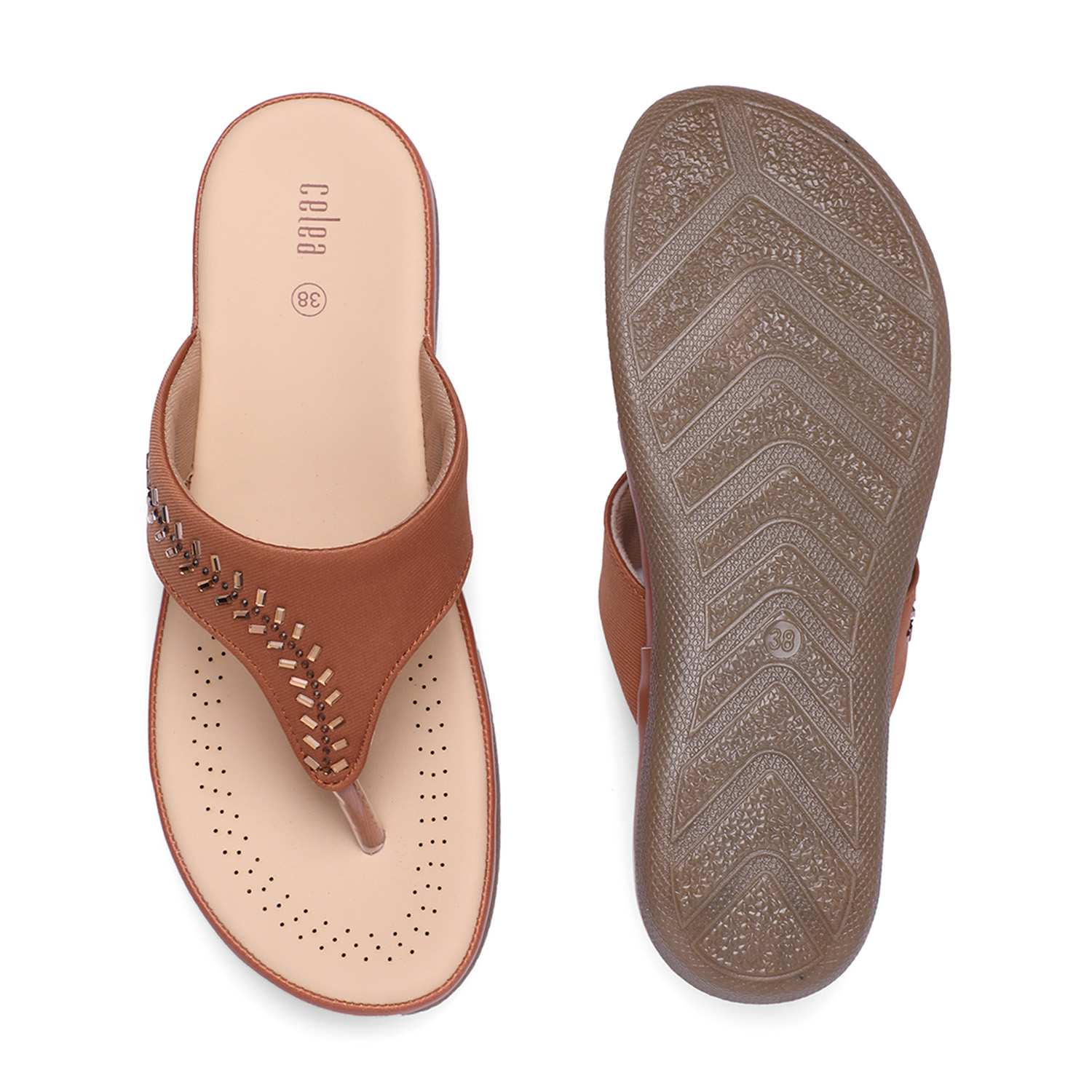 Women Tan Stone Embellished Fashion Flat
